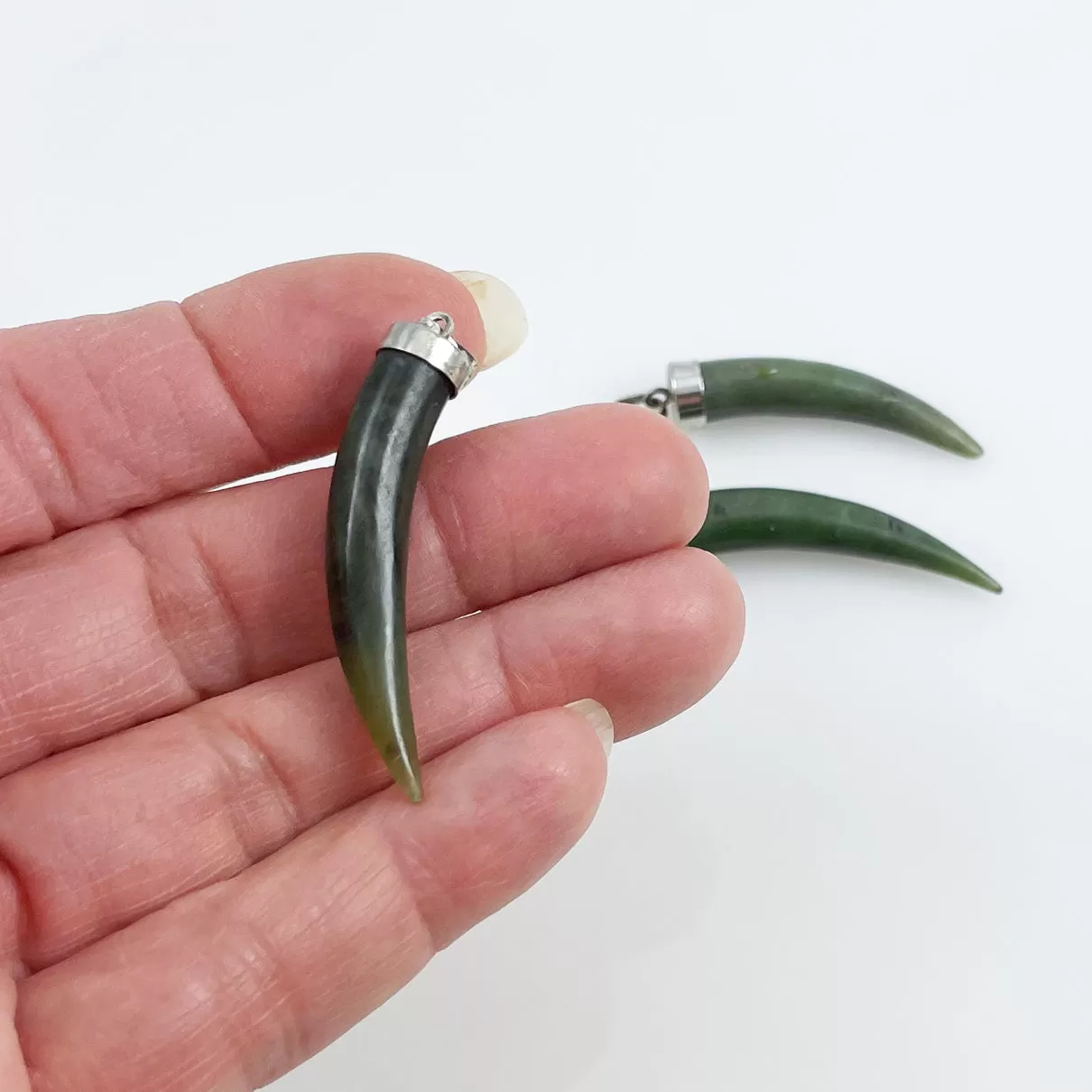 Green Jade Tusk Horn Pendants Silver Bails - Lucky Amulets