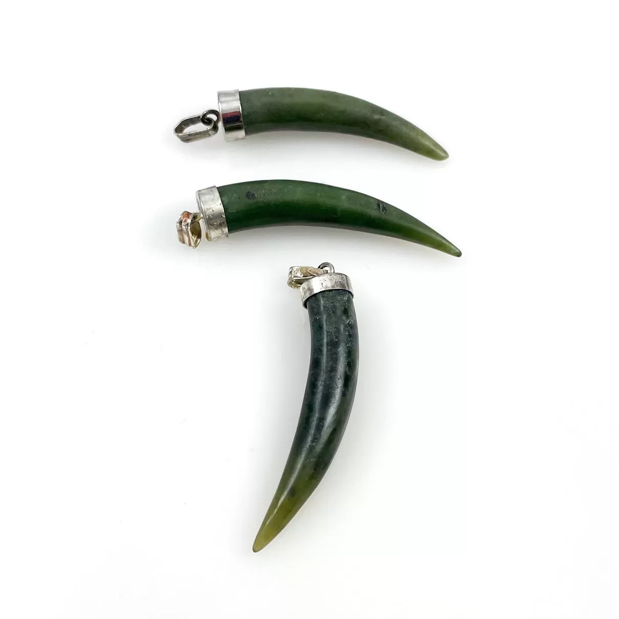 Green Jade Tusk Horn Pendants Silver Bails - Lucky Amulets