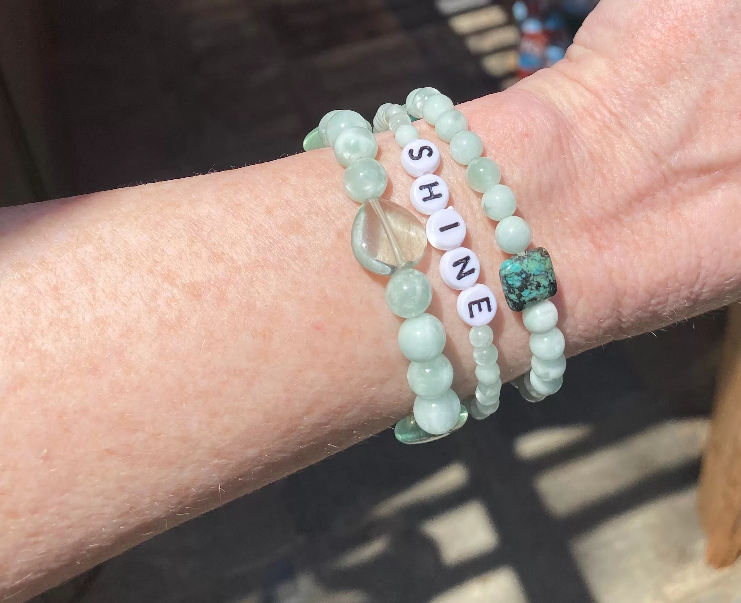 Green moonstone and African turquoise stretch bracelet