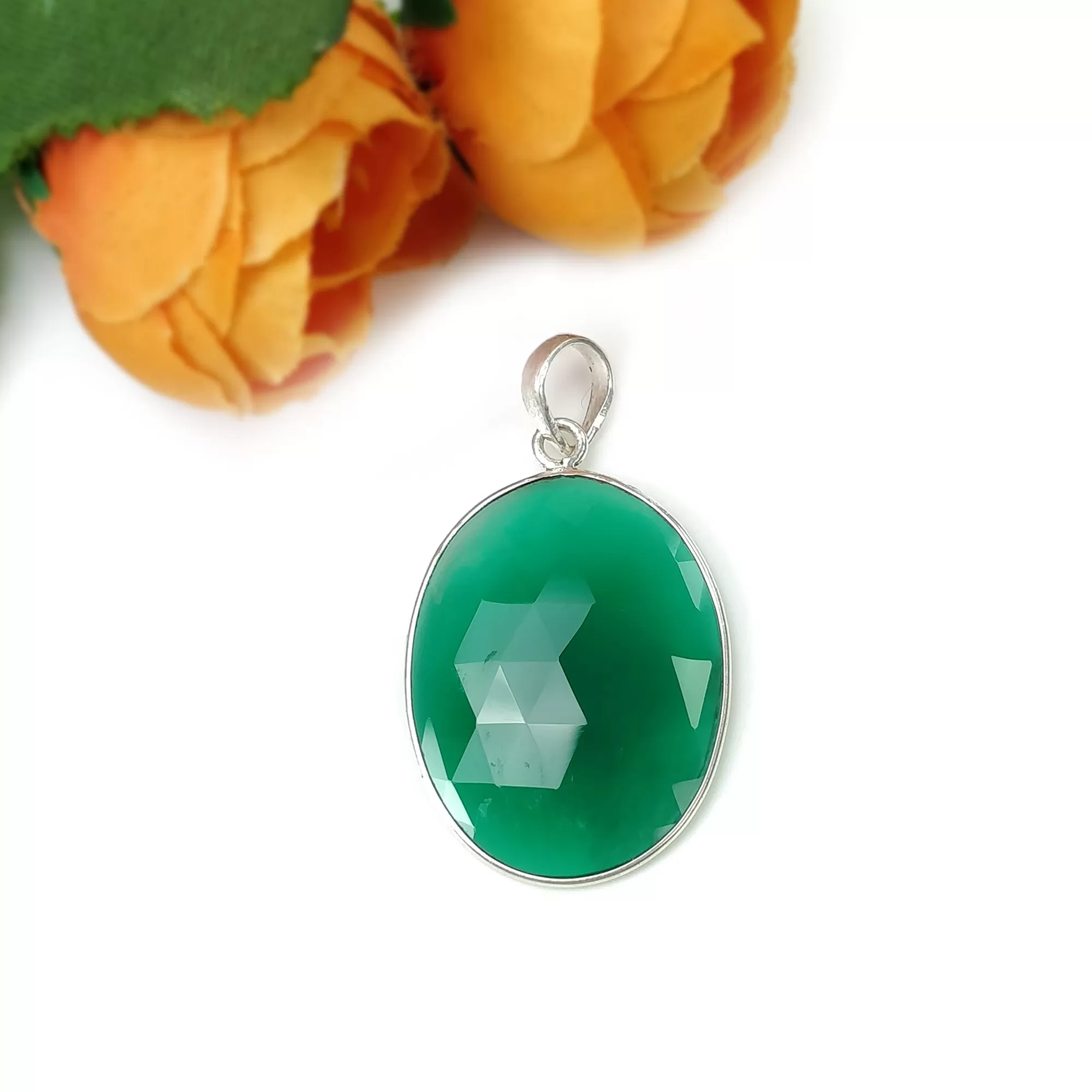 Green Onyx Gemstone Jewelry Set : 925 Sterling Silver Natural Oval Onyx Rose Cut Bezel Set Earrings Pendant Jewelry Set