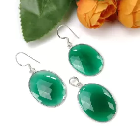 Green Onyx Gemstone Jewelry Set : 925 Sterling Silver Natural Oval Onyx Rose Cut Bezel Set Earrings Pendant Jewelry Set