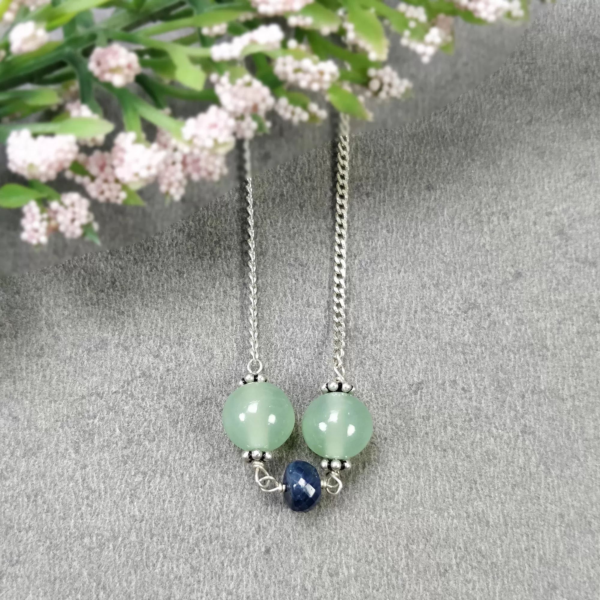 Green SERPENTINE & Blue SAPPHIRE Gemstones Beads Chain NECKLACE : 925 Sterling Silver Serpentine Round Cabochon Cut 16" Statement Necklace