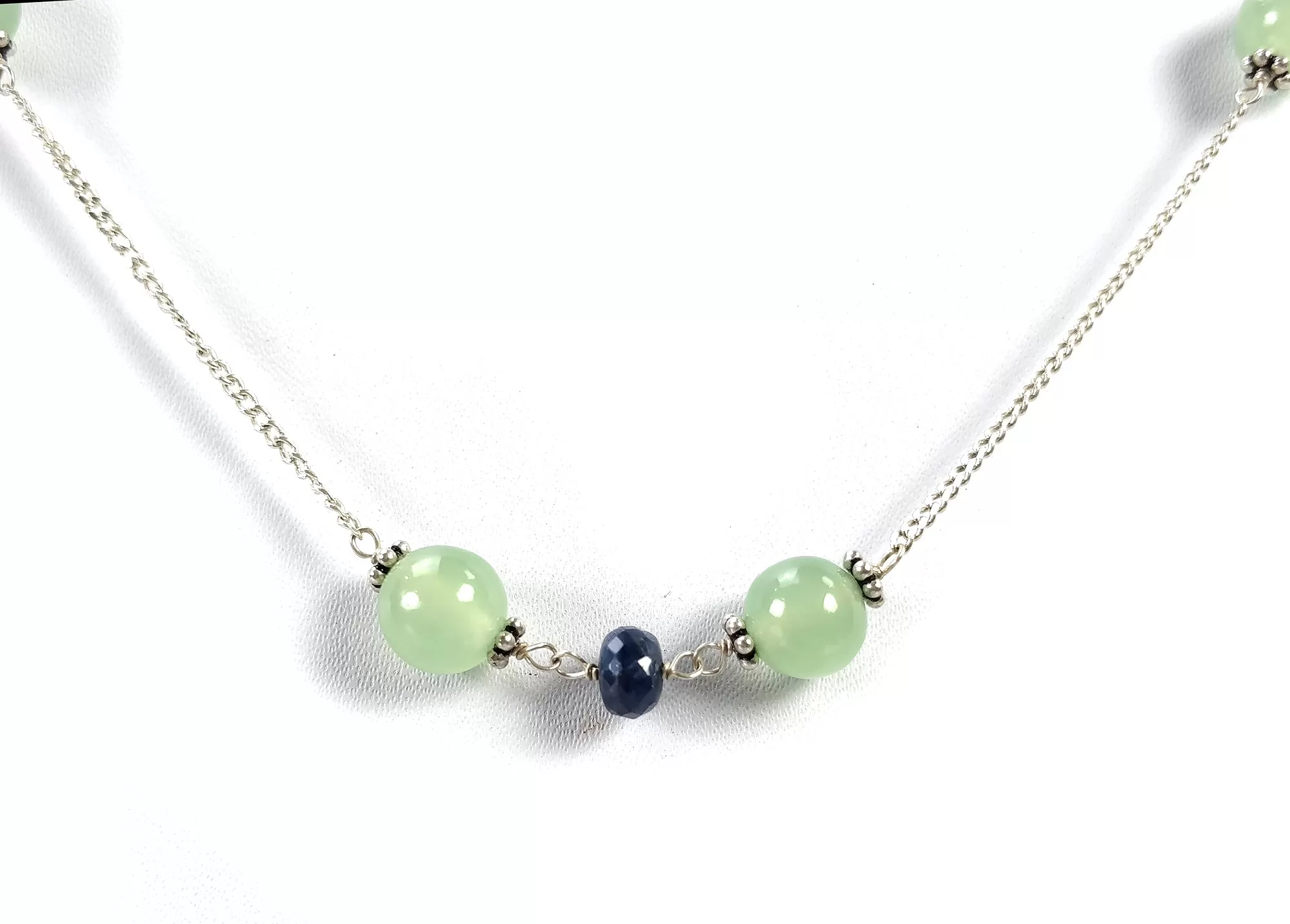 Green SERPENTINE & Blue SAPPHIRE Gemstones Beads Chain NECKLACE : 925 Sterling Silver Serpentine Round Cabochon Cut 16" Statement Necklace