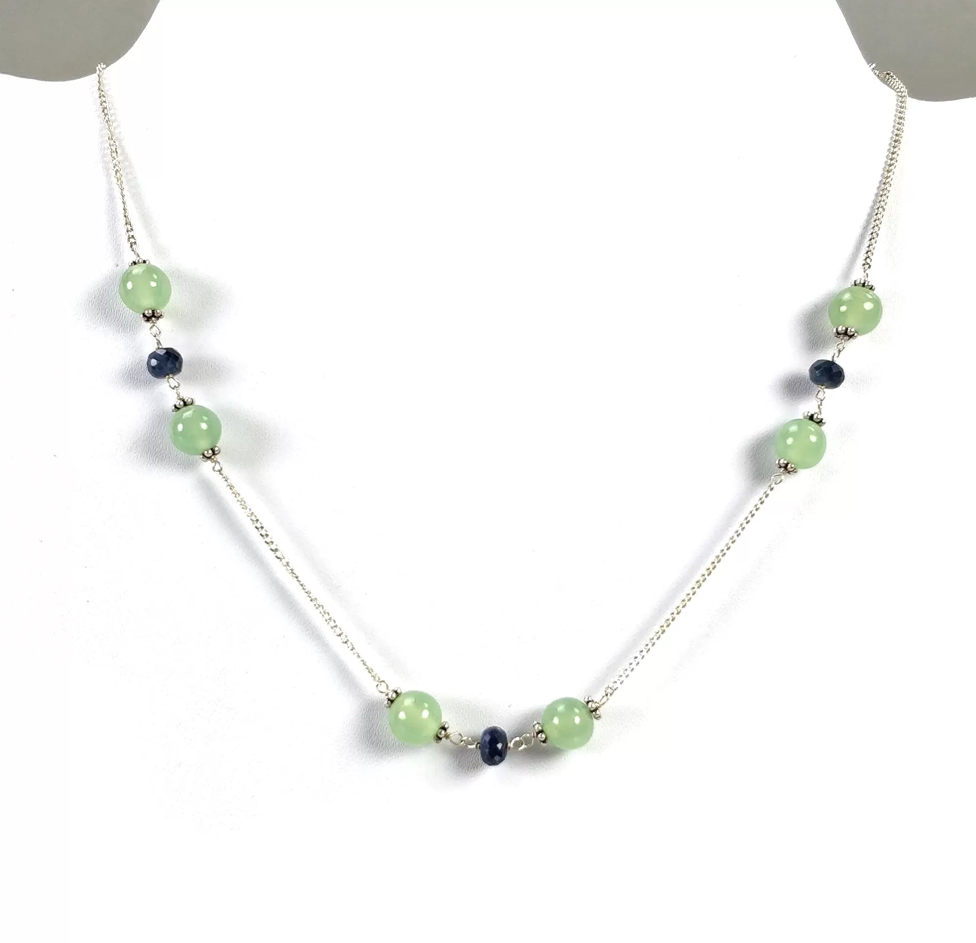 Green SERPENTINE & Blue SAPPHIRE Gemstones Beads Chain NECKLACE : 925 Sterling Silver Serpentine Round Cabochon Cut 16" Statement Necklace