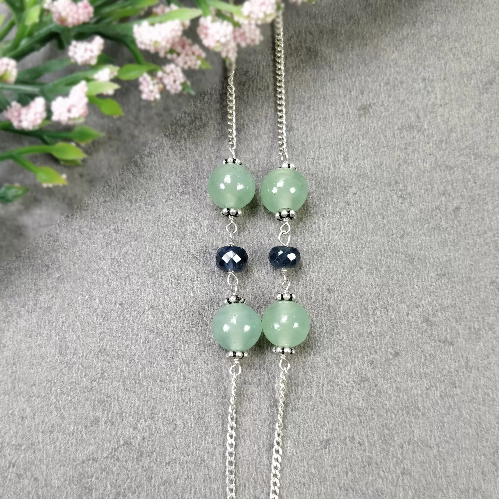 Green SERPENTINE & Blue SAPPHIRE Gemstones Beads Chain NECKLACE : 925 Sterling Silver Serpentine Round Cabochon Cut 16" Statement Necklace