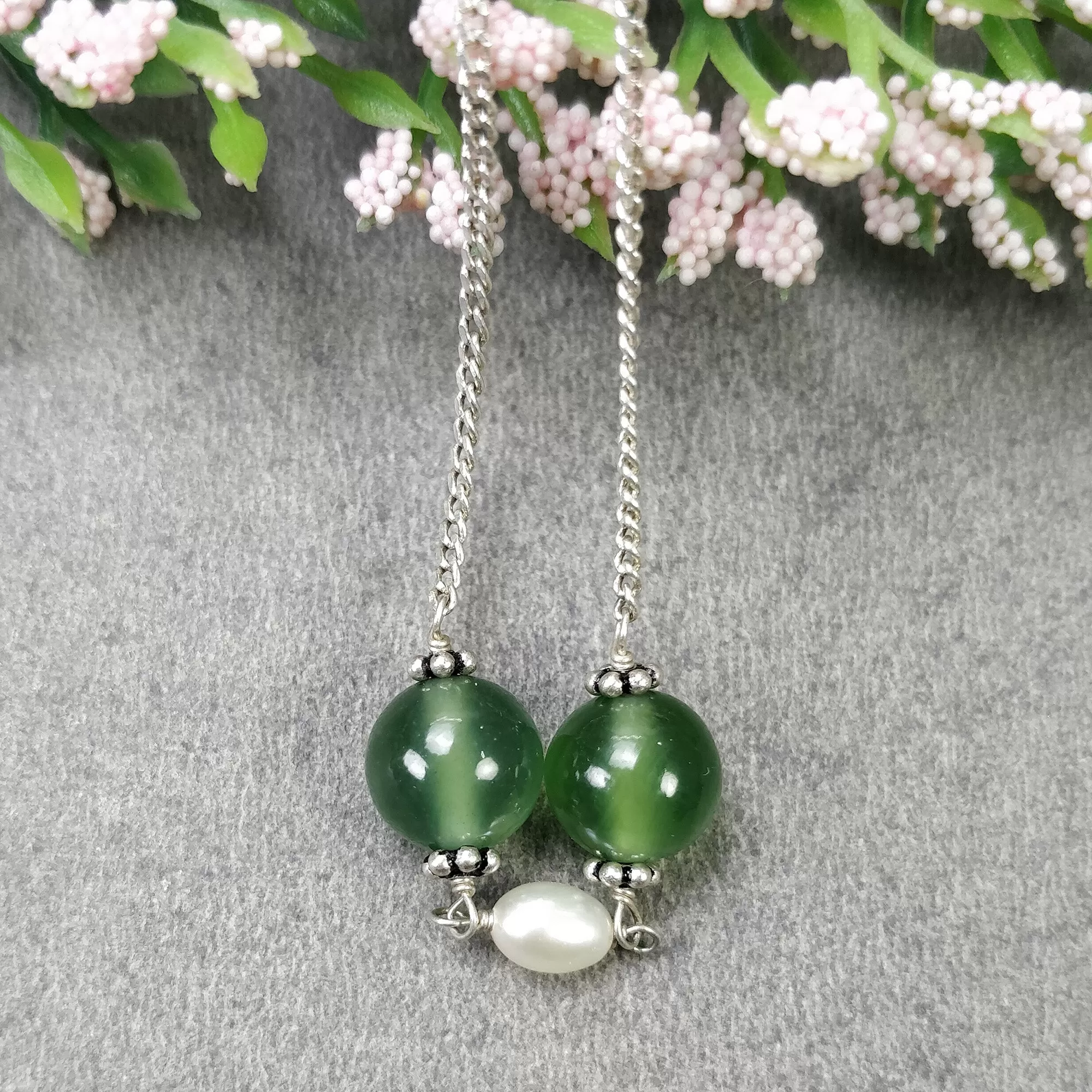 Green SERPENTINE & White PEARL Gemstones Beads Chain NECKLACE : 925 Sterling Silver Natural Serpentine Round Oval 16" Statement Necklace