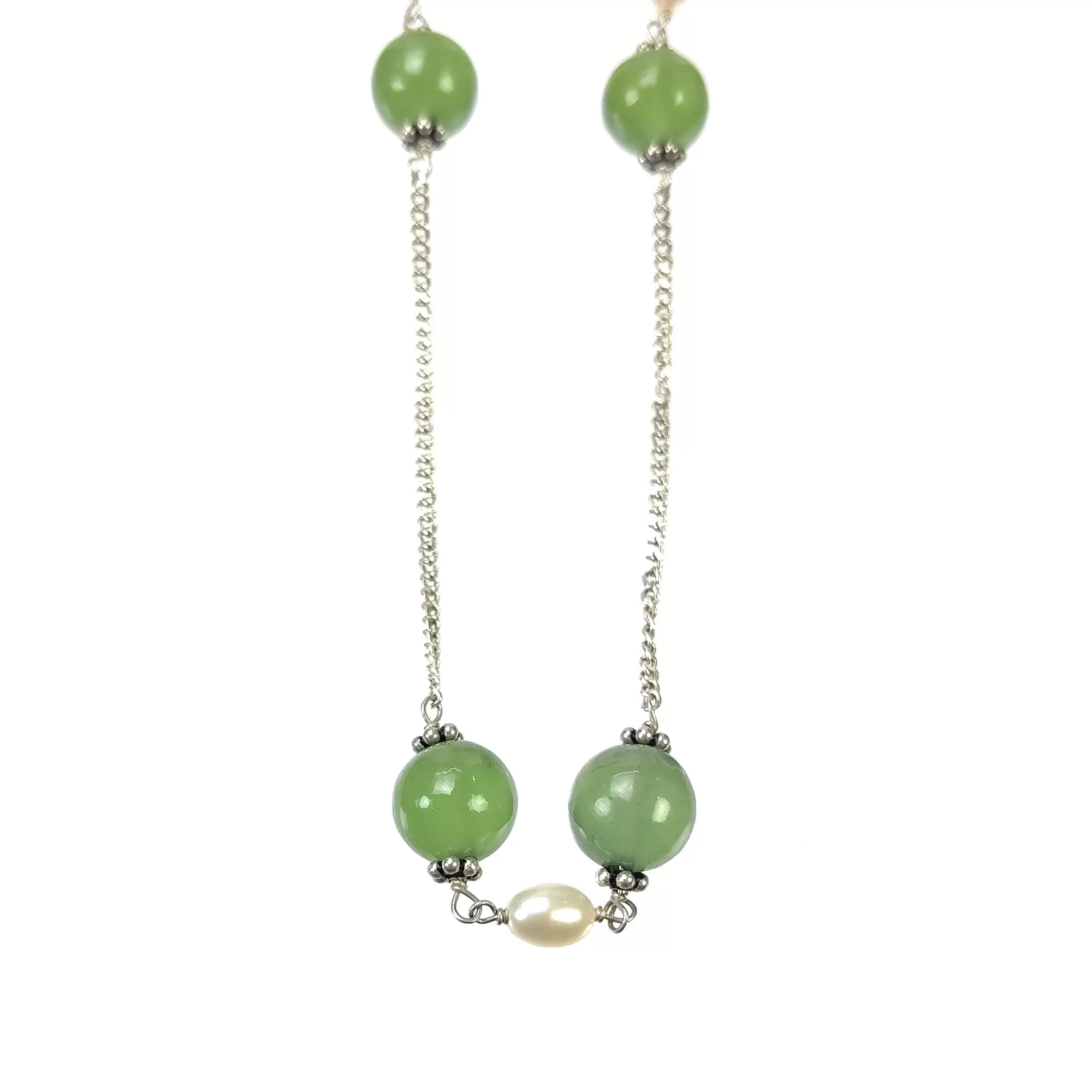 Green SERPENTINE & White PEARL Gemstones Beads Chain NECKLACE : 925 Sterling Silver Natural Serpentine Round Oval 16" Statement Necklace