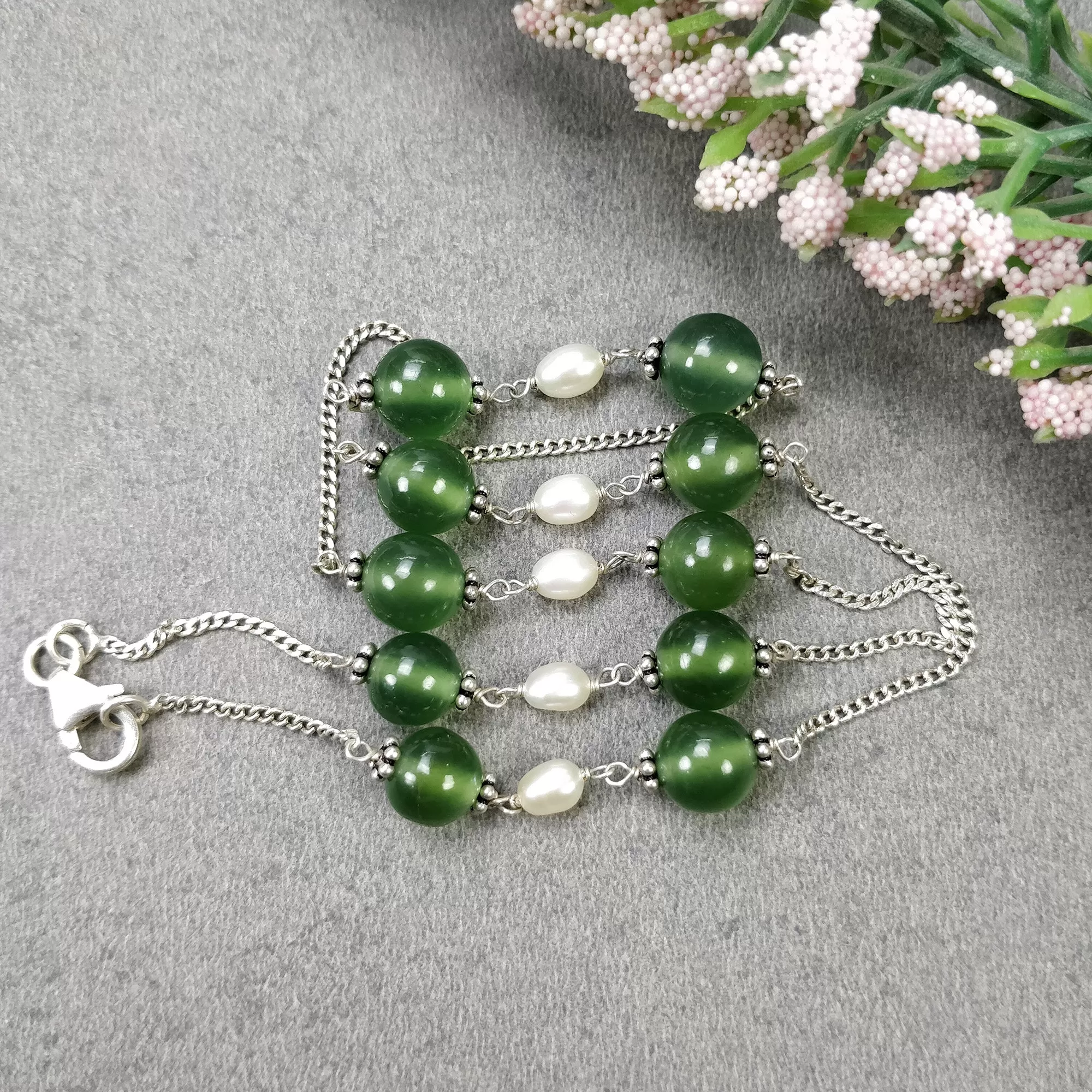 Green SERPENTINE & White PEARL Gemstones Beads Chain NECKLACE : 925 Sterling Silver Natural Serpentine Round Oval 16" Statement Necklace