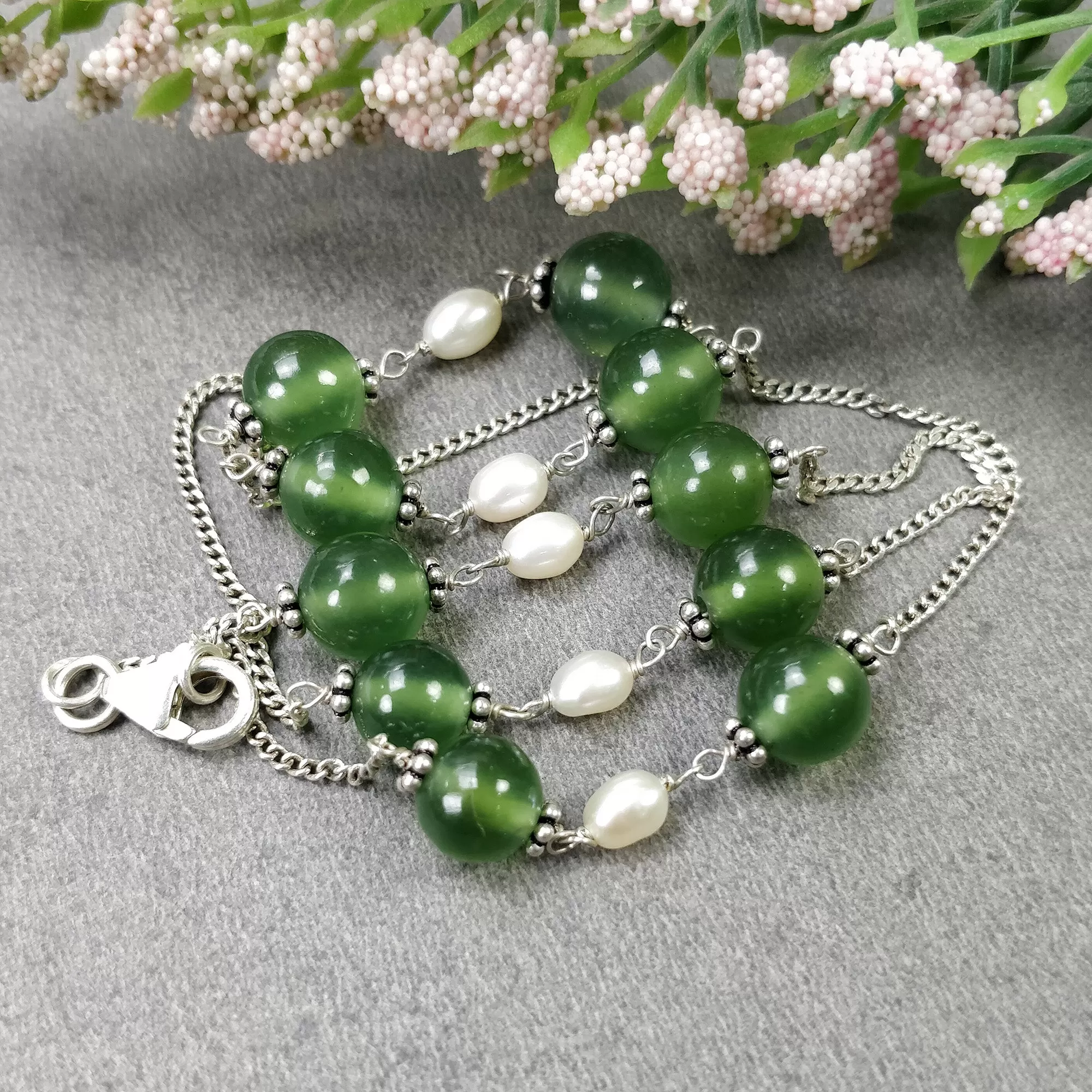 Green SERPENTINE & White PEARL Gemstones Beads Chain NECKLACE : 925 Sterling Silver Natural Serpentine Round Oval 16" Statement Necklace