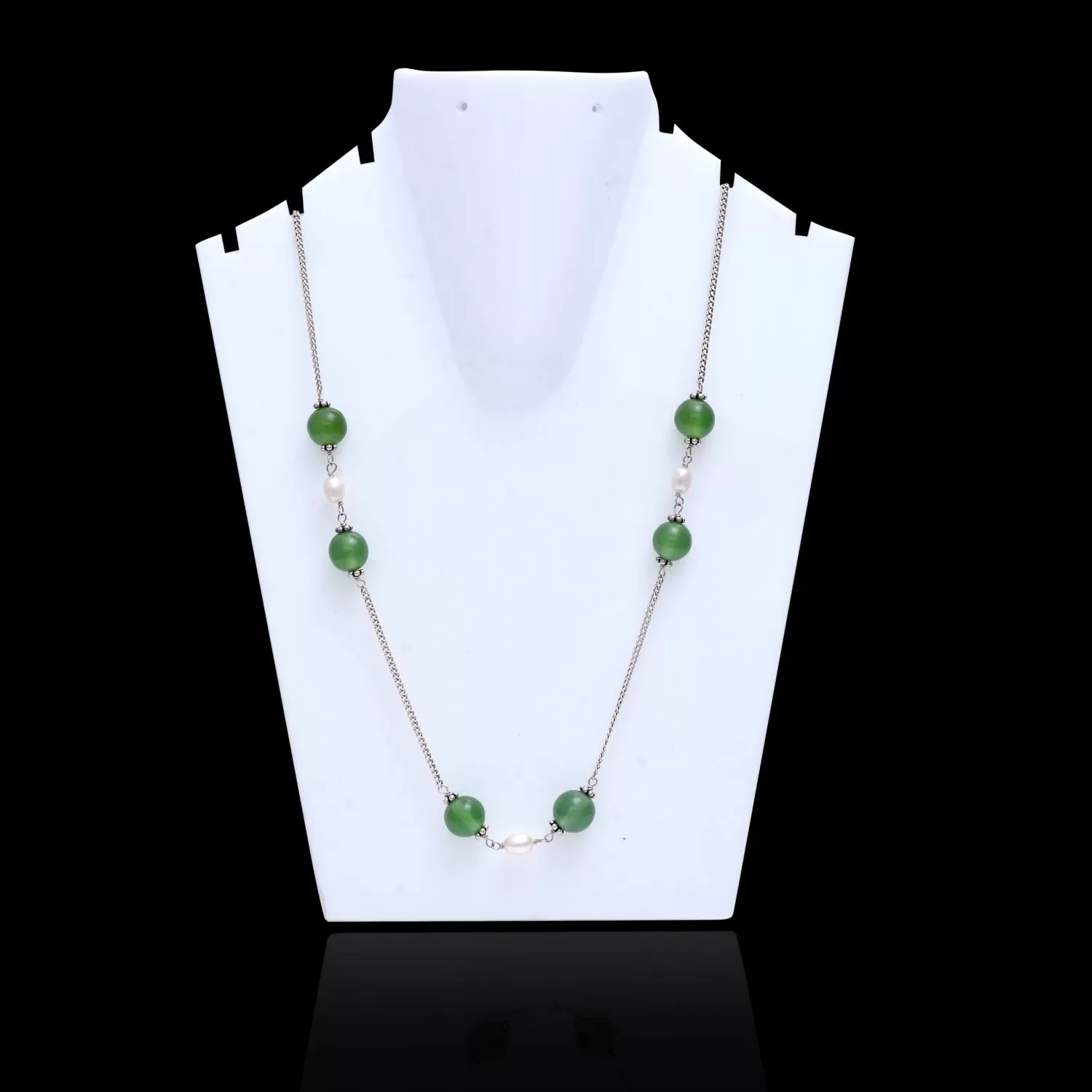 Green SERPENTINE & White PEARL Gemstones Beads Chain NECKLACE : 925 Sterling Silver Natural Serpentine Round Oval 16" Statement Necklace