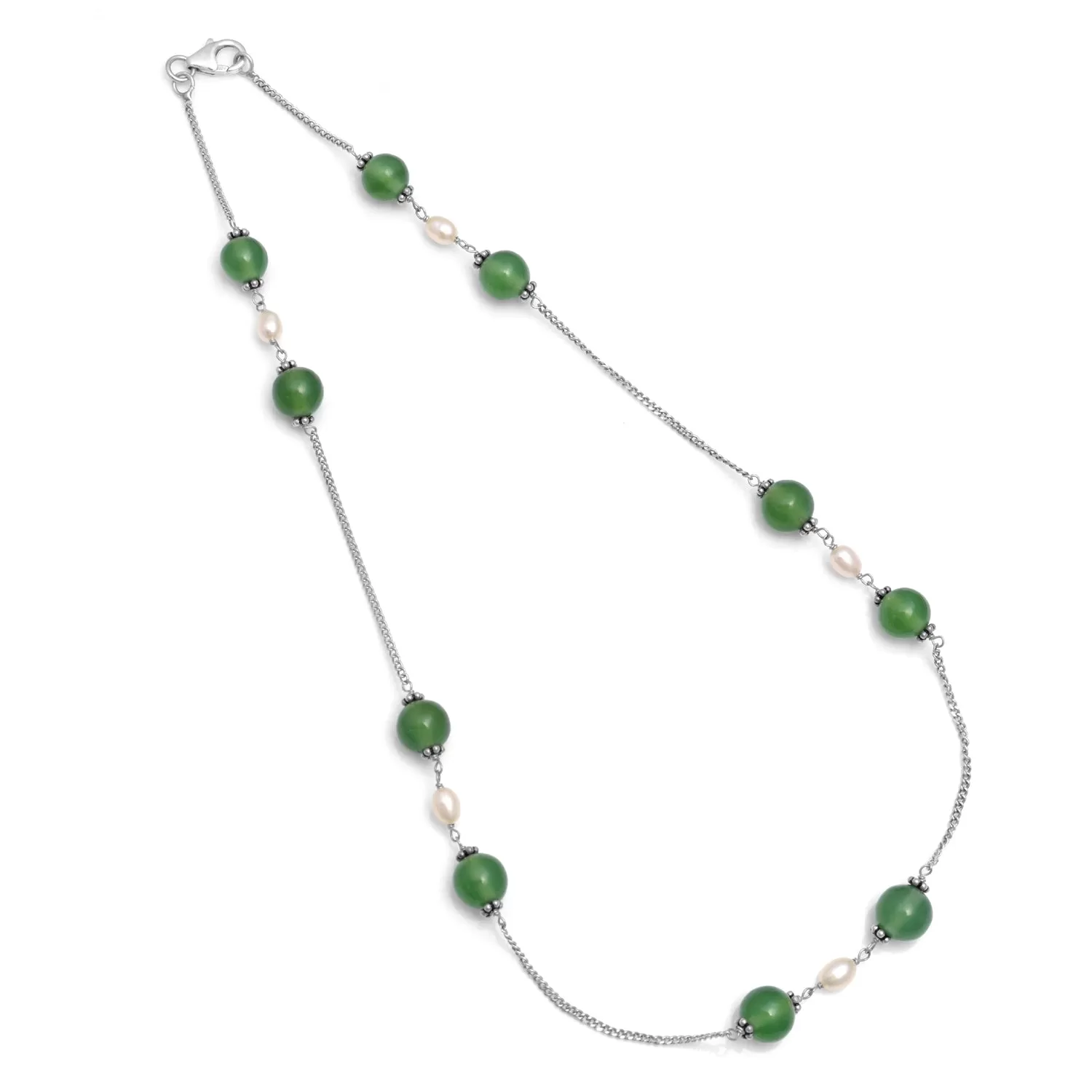 Green SERPENTINE & White PEARL Gemstones Beads Chain NECKLACE : 925 Sterling Silver Natural Serpentine Round Oval 16" Statement Necklace