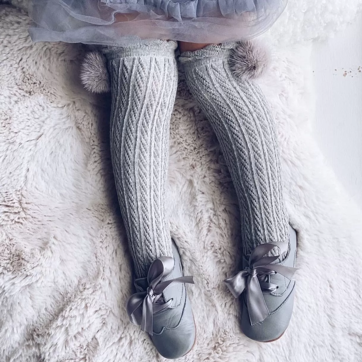 Grey Knee High Socks with Poms