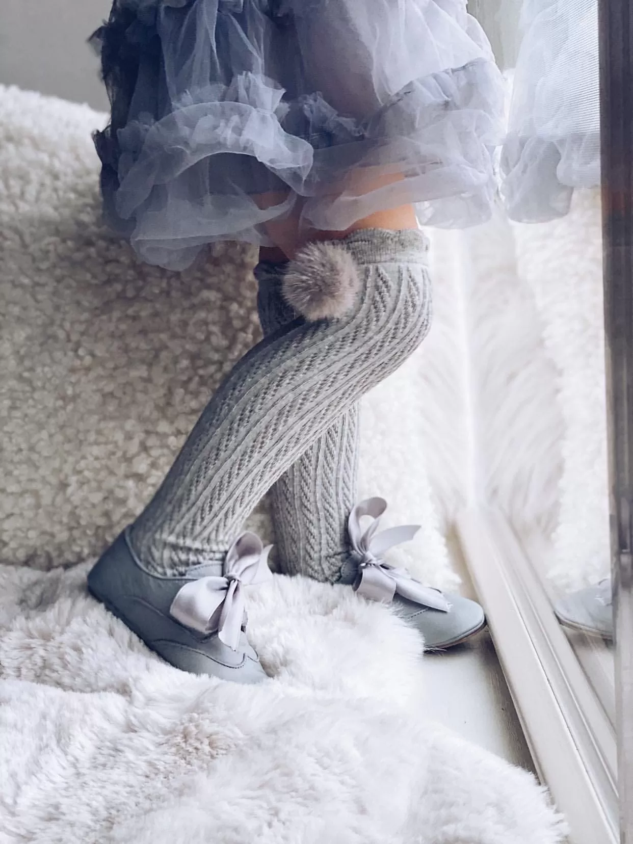 Grey Knee High Socks with Poms