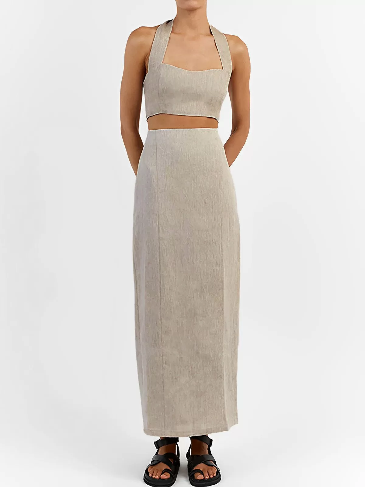 Halter Linen Two Piece Skirt Set