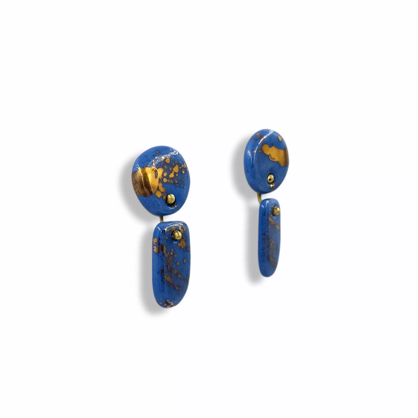 Handmade Stud earrings in Blue Porcelain "Abstract gold"