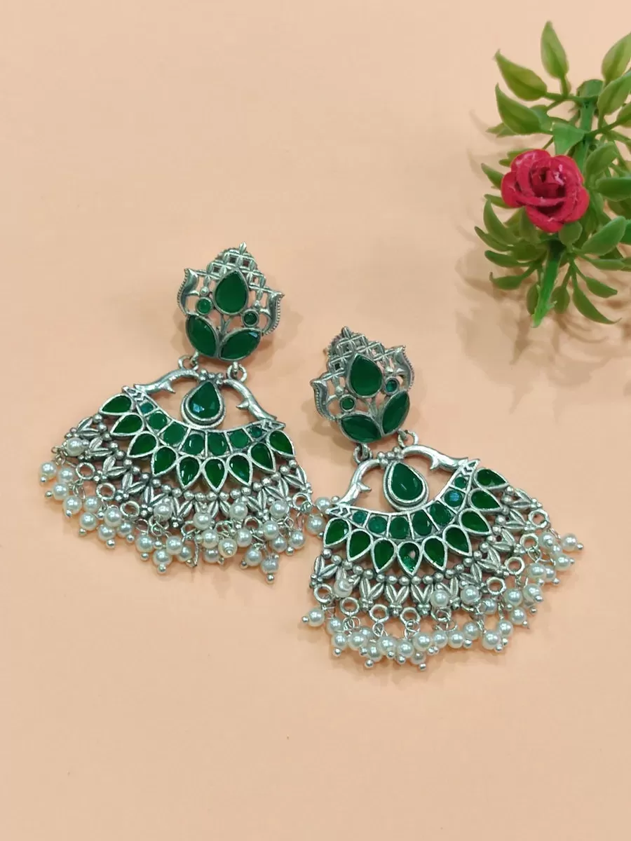 High End Emerald Stoned Dangler Oxidized Earrings