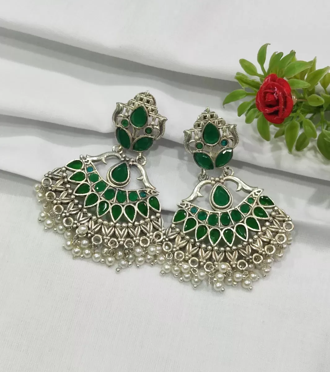 High End Emerald Stoned Dangler Oxidized Earrings