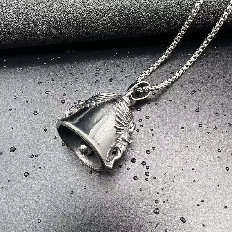 Hip Hop Titanium Steel Punk Motorcycle Lucky Angel Wings Exorcism Bell Pendant