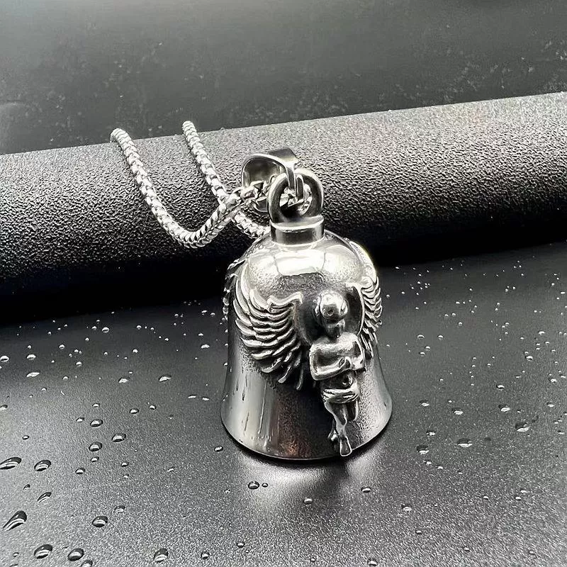 Hip Hop Titanium Steel Punk Motorcycle Lucky Angel Wings Exorcism Bell Pendant