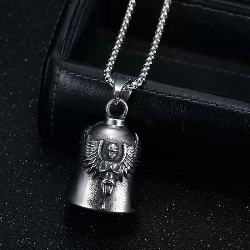 Hip Hop Titanium Steel Punk Motorcycle Lucky Angel Wings Exorcism Bell Pendant