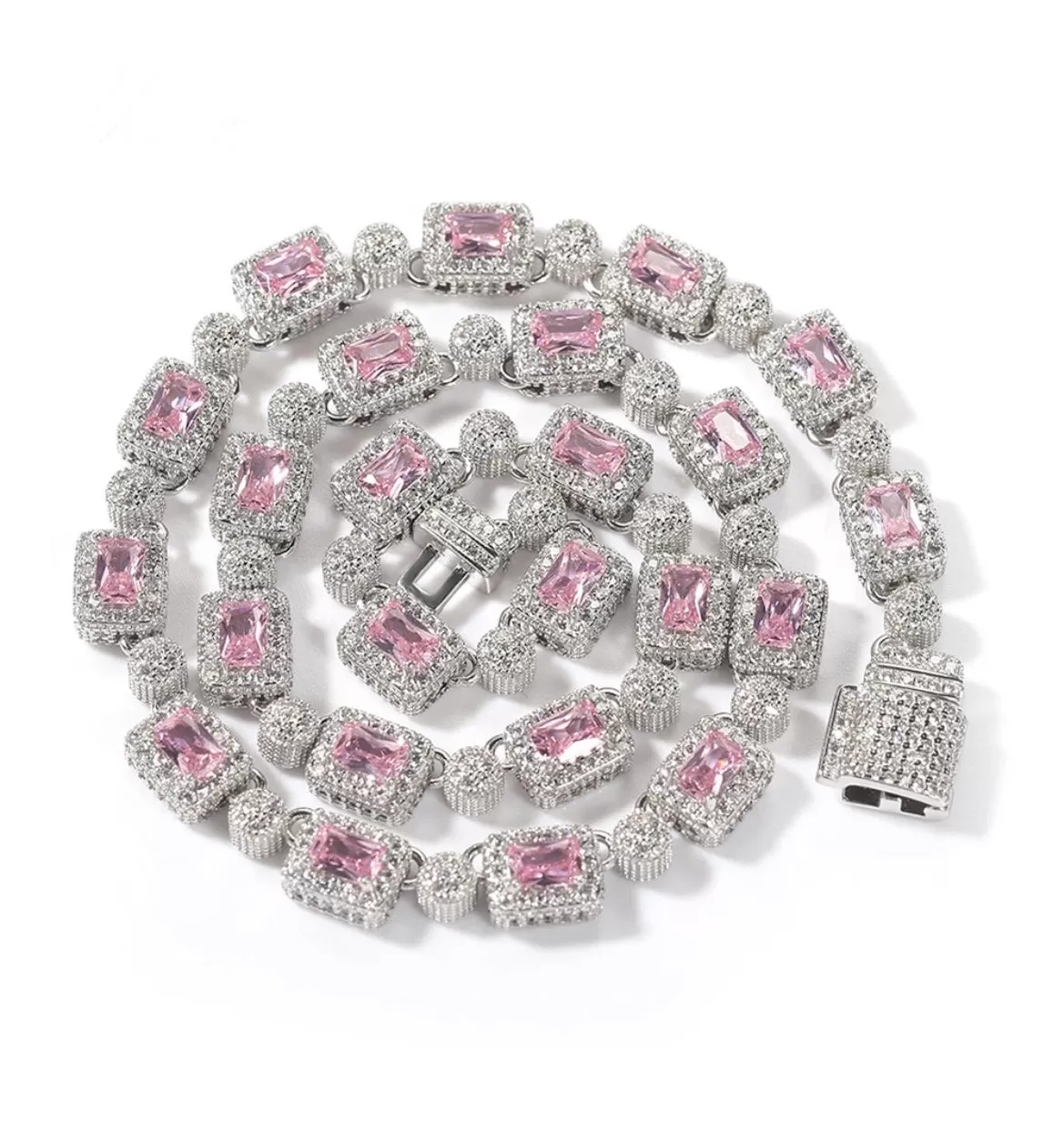 Iced Out Princess Pink Colored Rectangular Diamond Tennis Chain