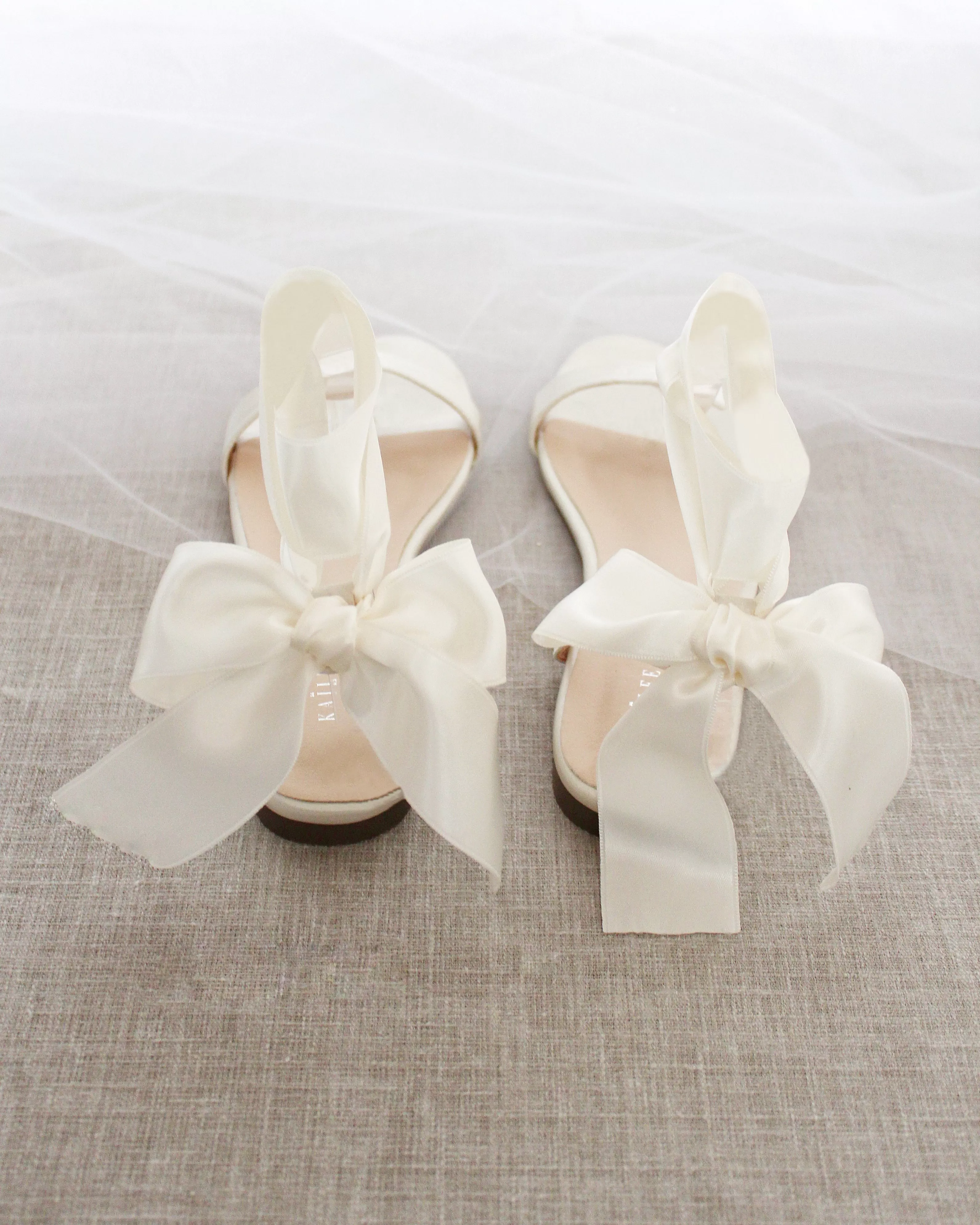 Ivory Satin Flat Sandal with Wrapped Satin Tie