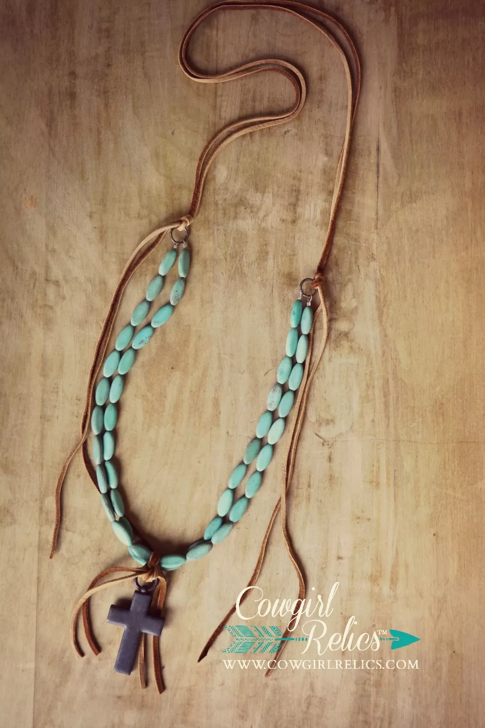 Jayton Necklace-Turquoise, Rustic Cross, and Deerskin Necklace