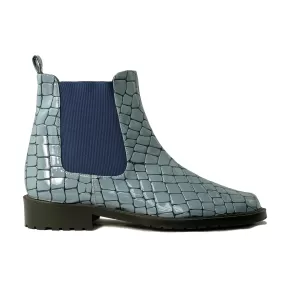 'Jelsea' blue patent croc vegan Chelsea boot by Zette Shoes