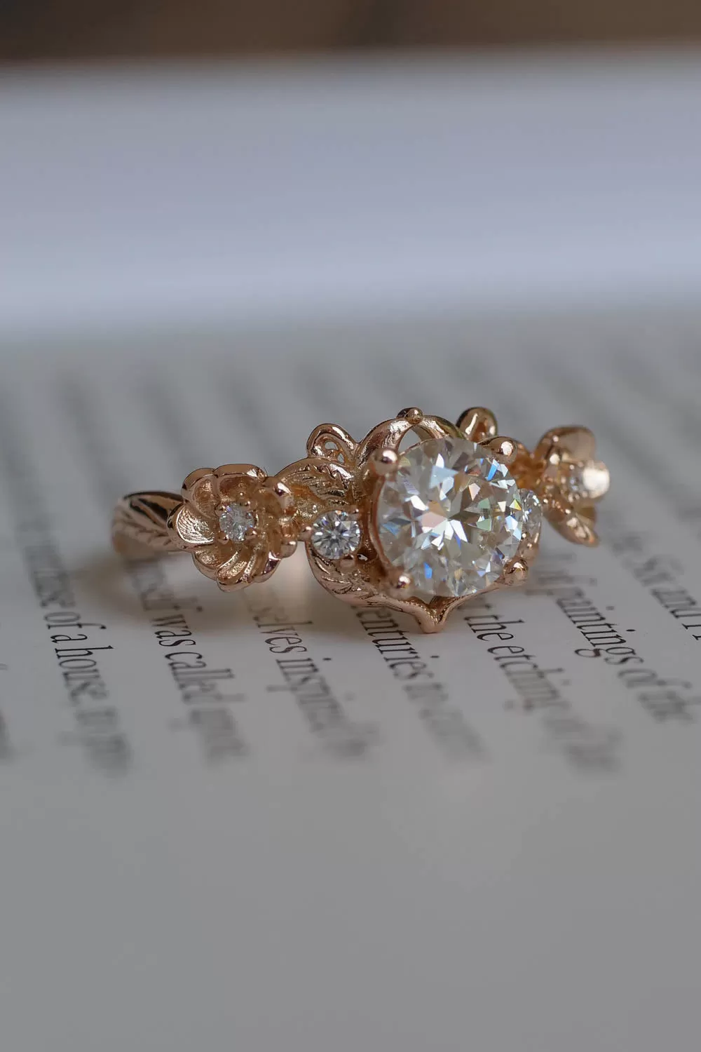 Lab grown diamond engagement ring in rose gold, floral engagement ring with diamonds / Adelina