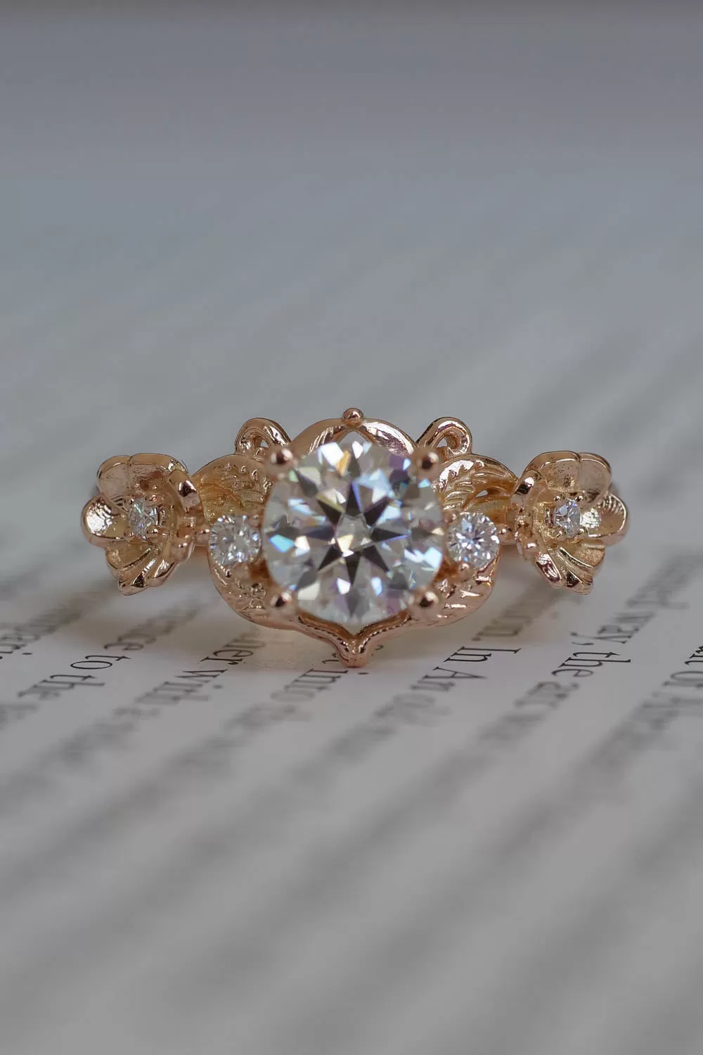 Lab grown diamond engagement ring in rose gold, floral engagement ring with diamonds / Adelina