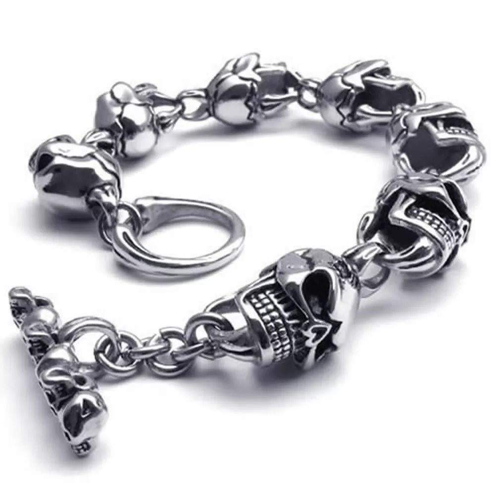 Large Heavy Stainless Steel Gothic Skull Biker Men Bangle Bracelet, Black Silver