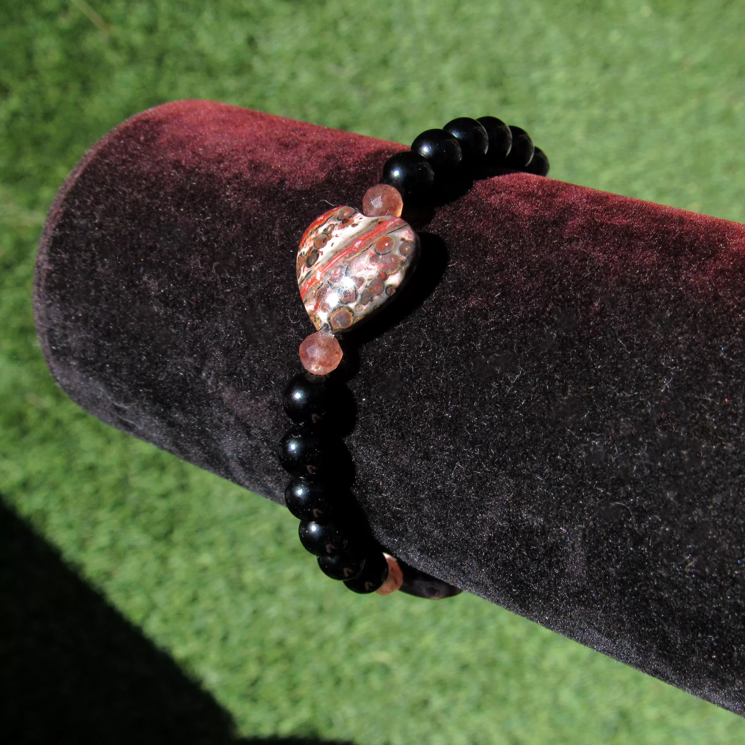 Leopard Print Jasper Gemstone Hearts, Lepidolite, and Onyx, Stretch Bracelets