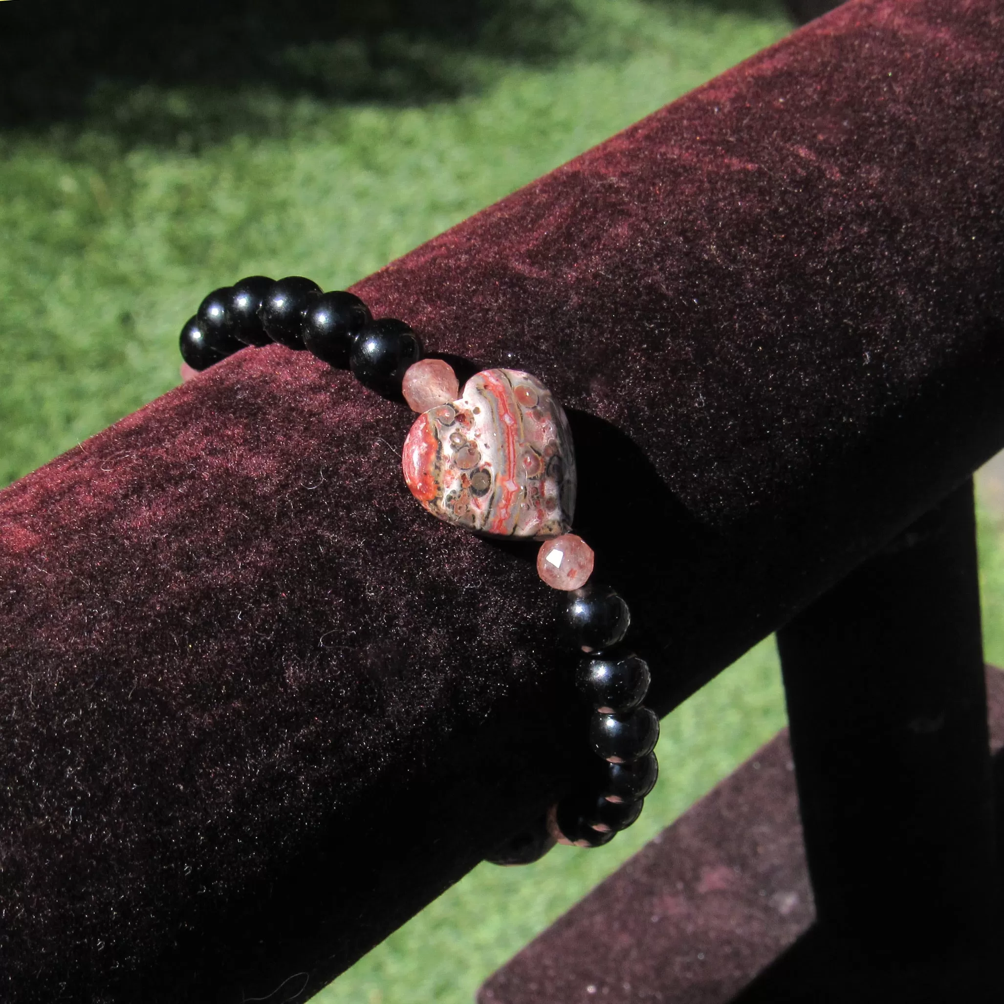 Leopard Print Jasper Gemstone Hearts, Lepidolite, and Onyx, Stretch Bracelets