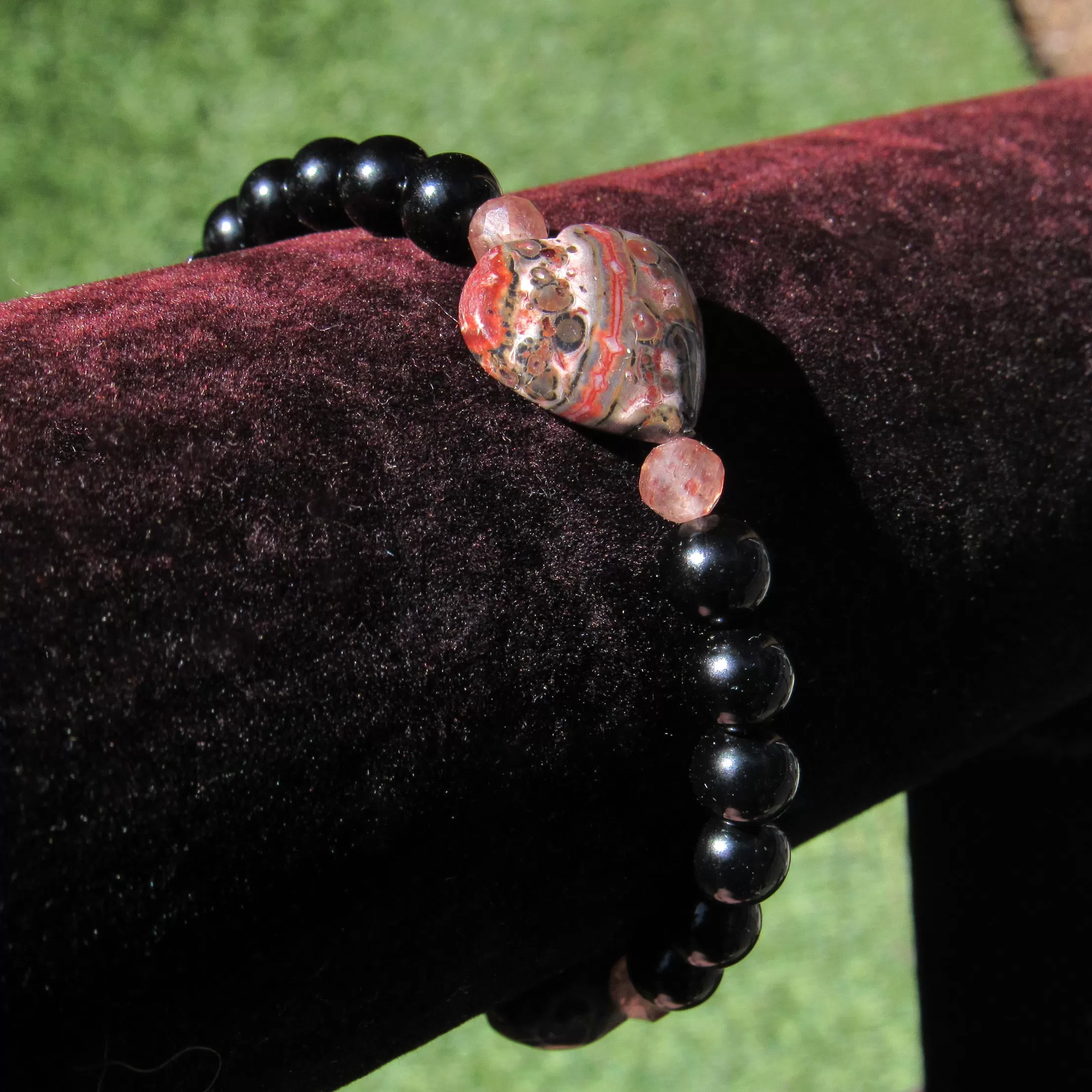 Leopard Print Jasper Gemstone Hearts, Lepidolite, and Onyx, Stretch Bracelets