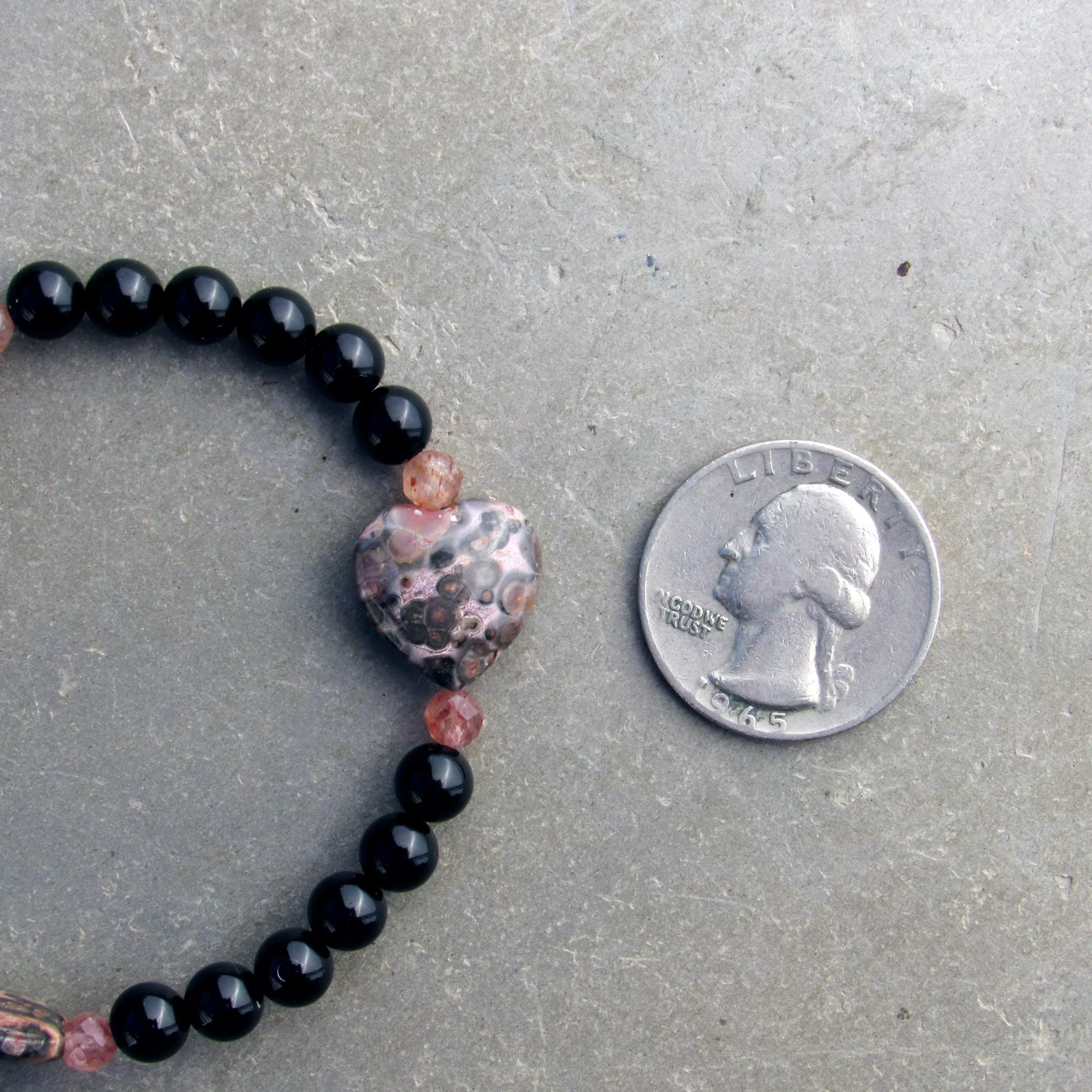 Leopard Print Jasper Gemstone Hearts, Lepidolite, and Onyx, Stretch Bracelets