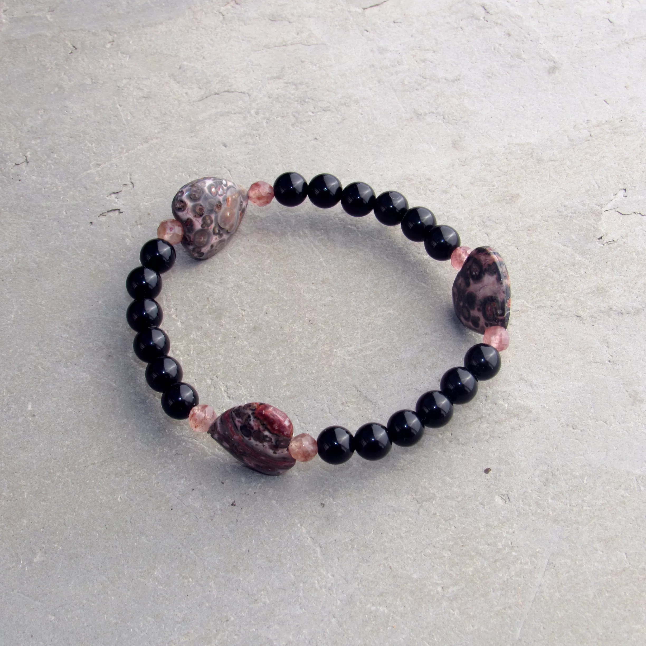 Leopard Print Jasper Gemstone Hearts, Lepidolite, and Onyx, Stretch Bracelets