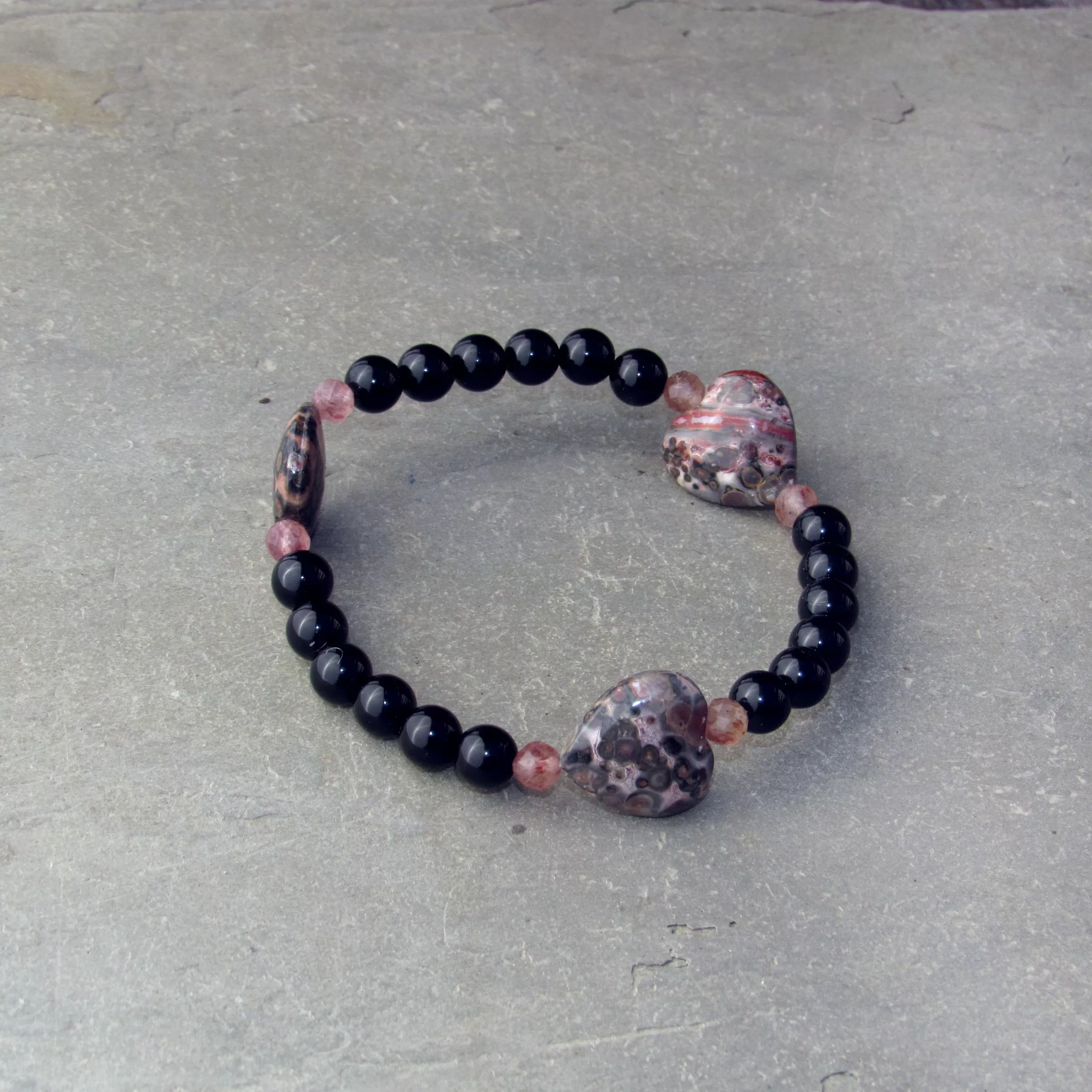 Leopard Print Jasper Gemstone Hearts, Lepidolite, and Onyx, Stretch Bracelets