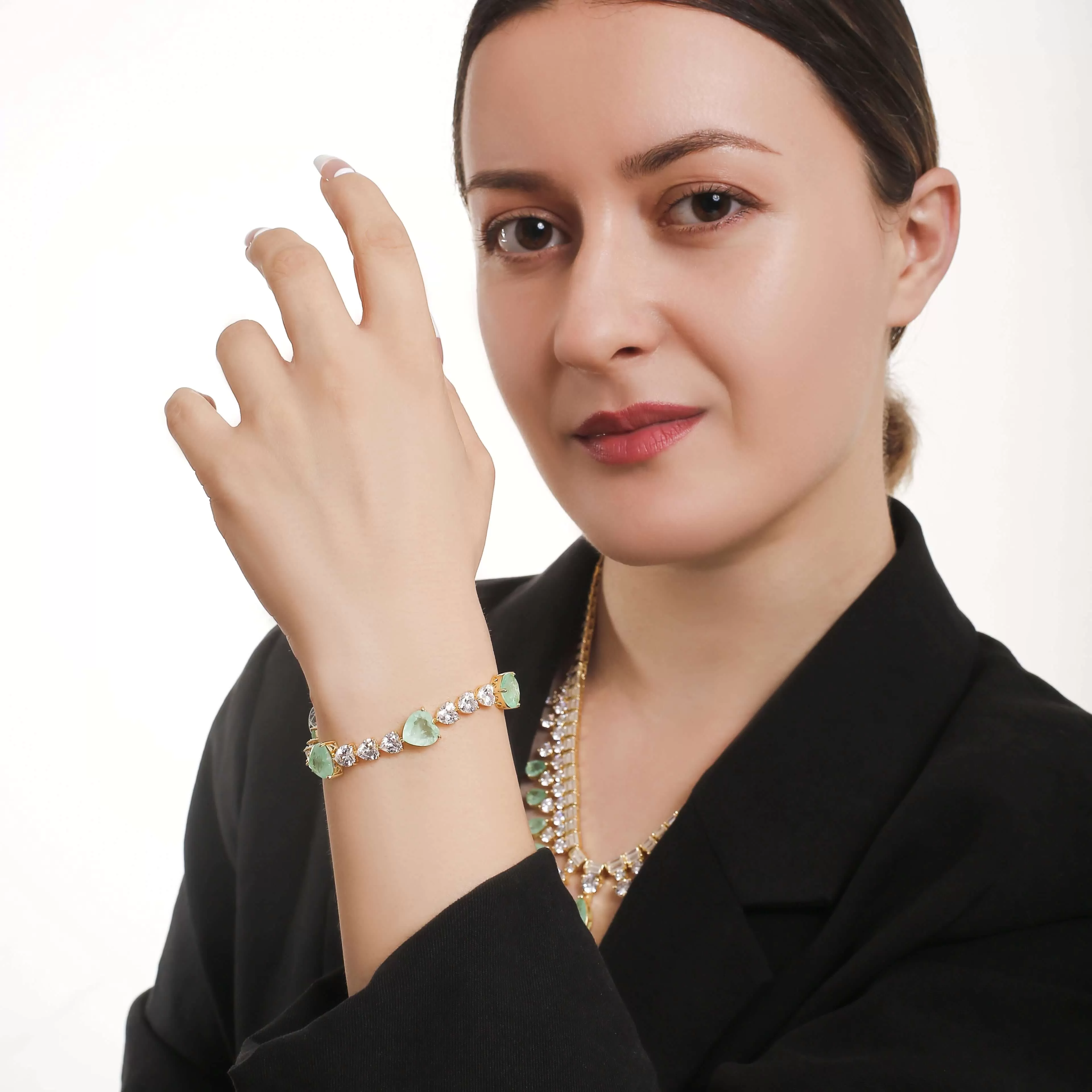 Light Green & White Heart Shaped Cubic Zirconia Chain Bracelet