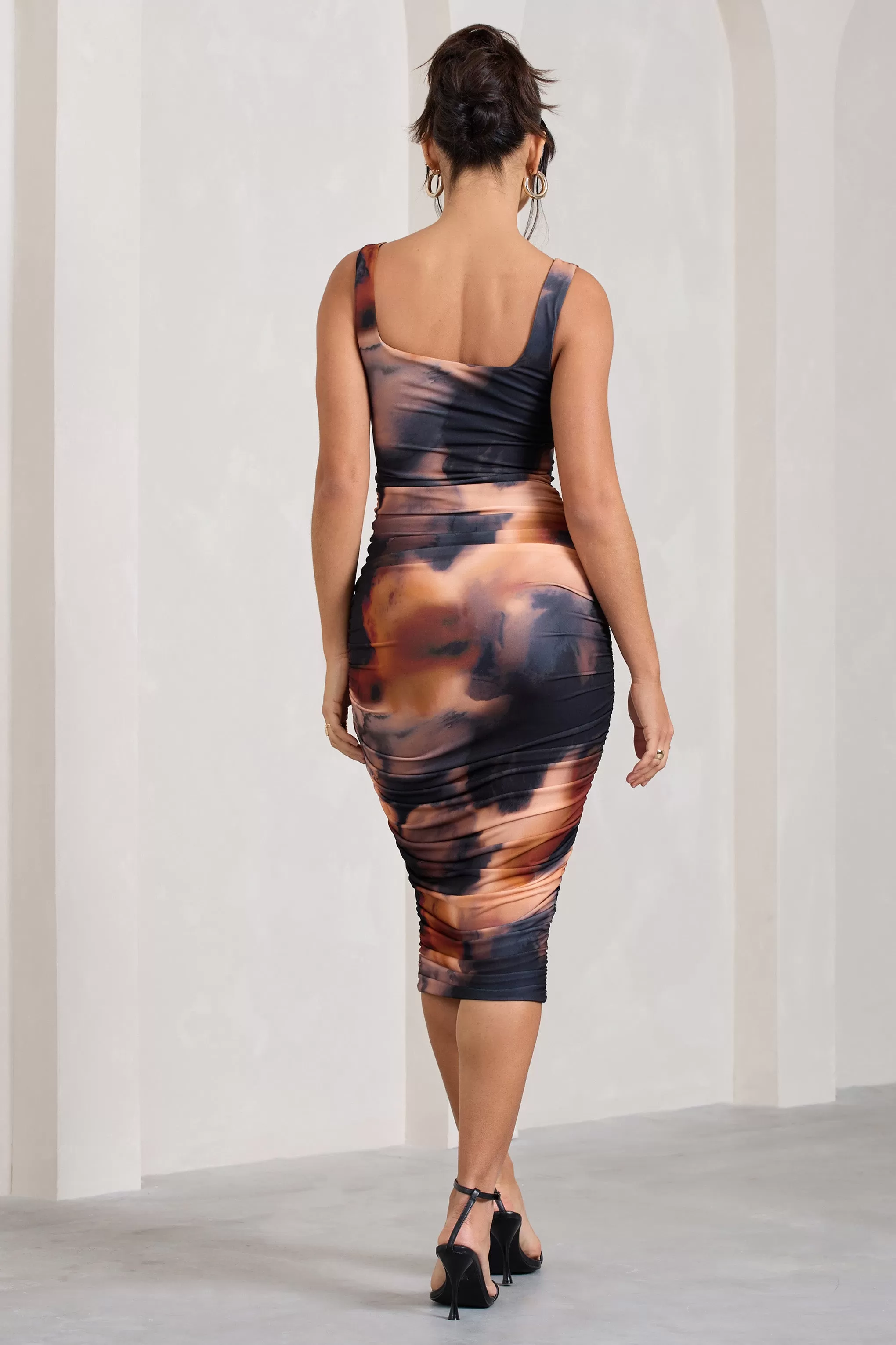 Lisbon | Orange Smoke Print Square Neck Ruched Midi Dress