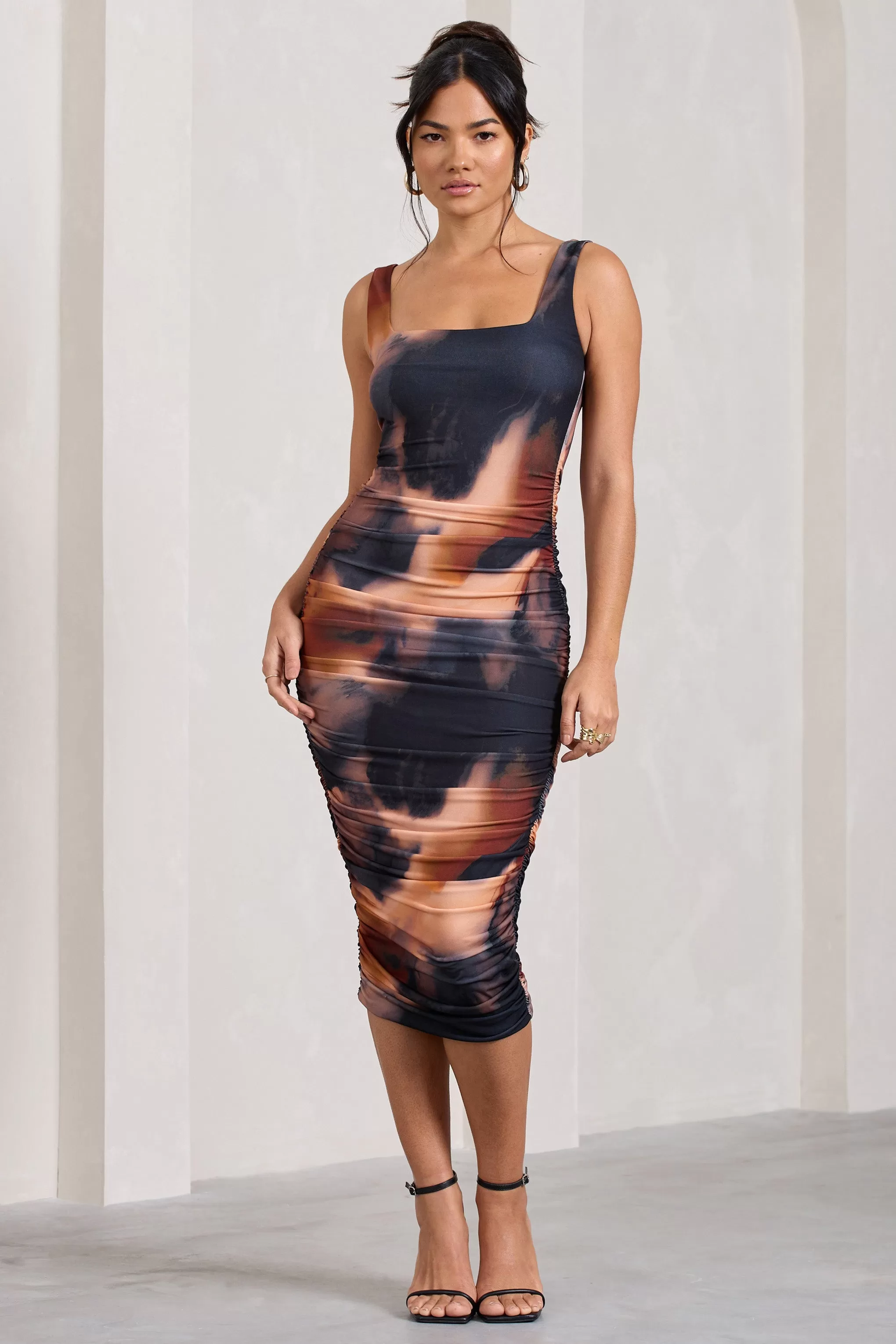 Lisbon | Orange Smoke Print Square Neck Ruched Midi Dress