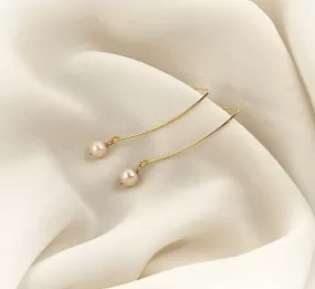 Long Curved Gold Pearl Earrings