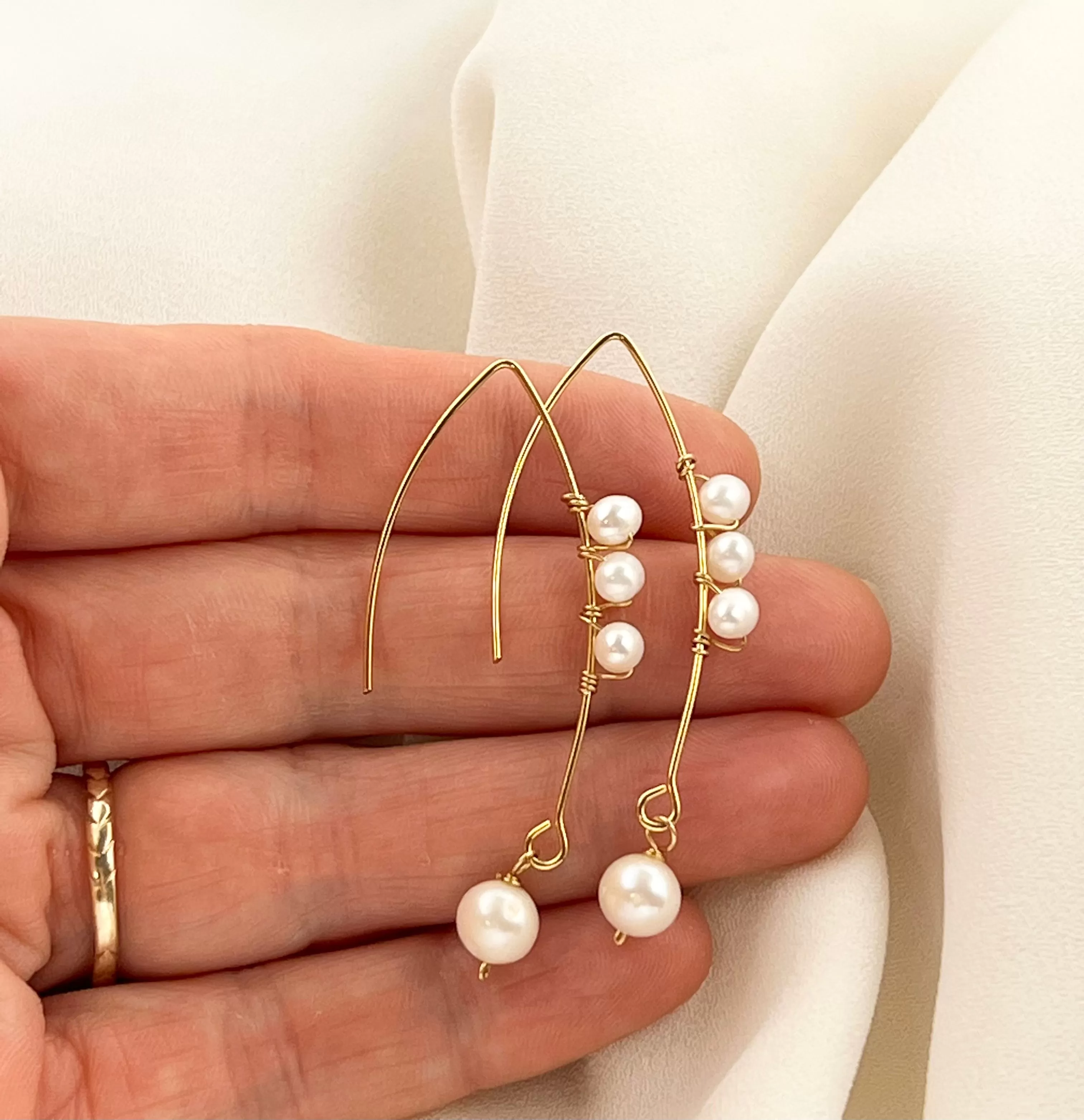 Long Gold Curved Multiple Pearls Earrings