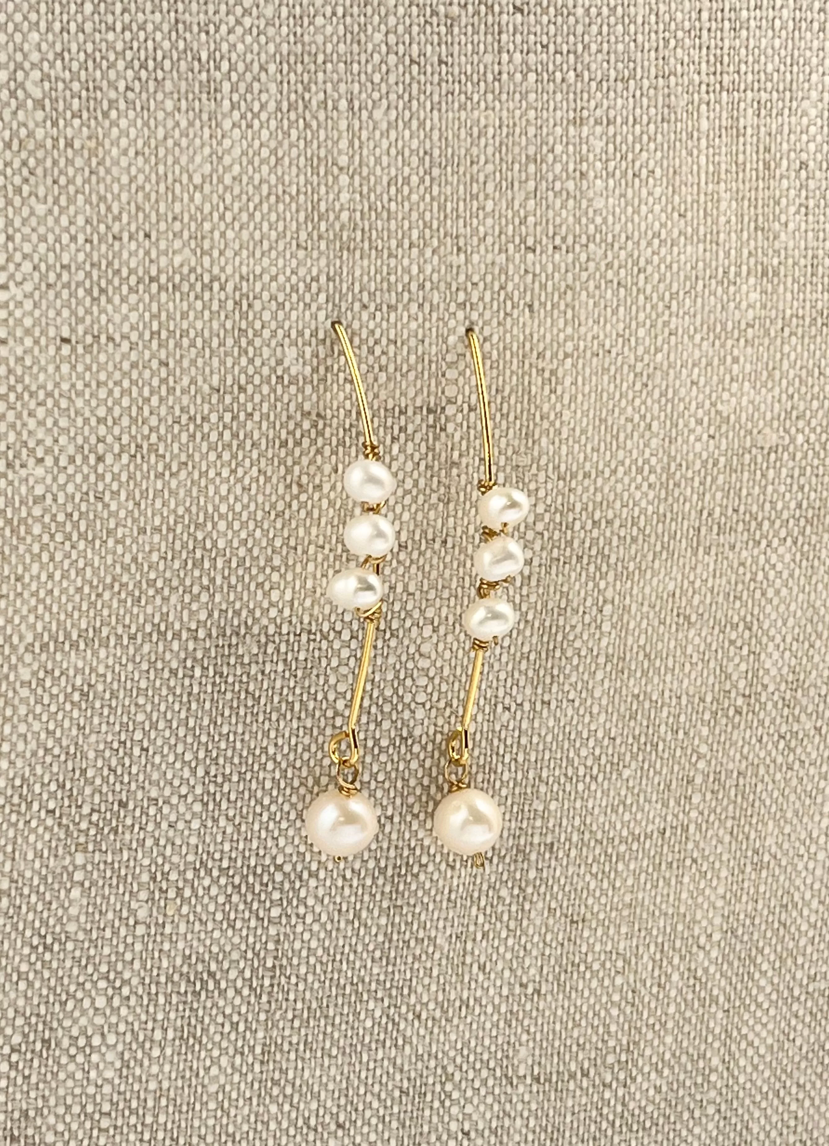 Long Gold Curved Multiple Pearls Earrings