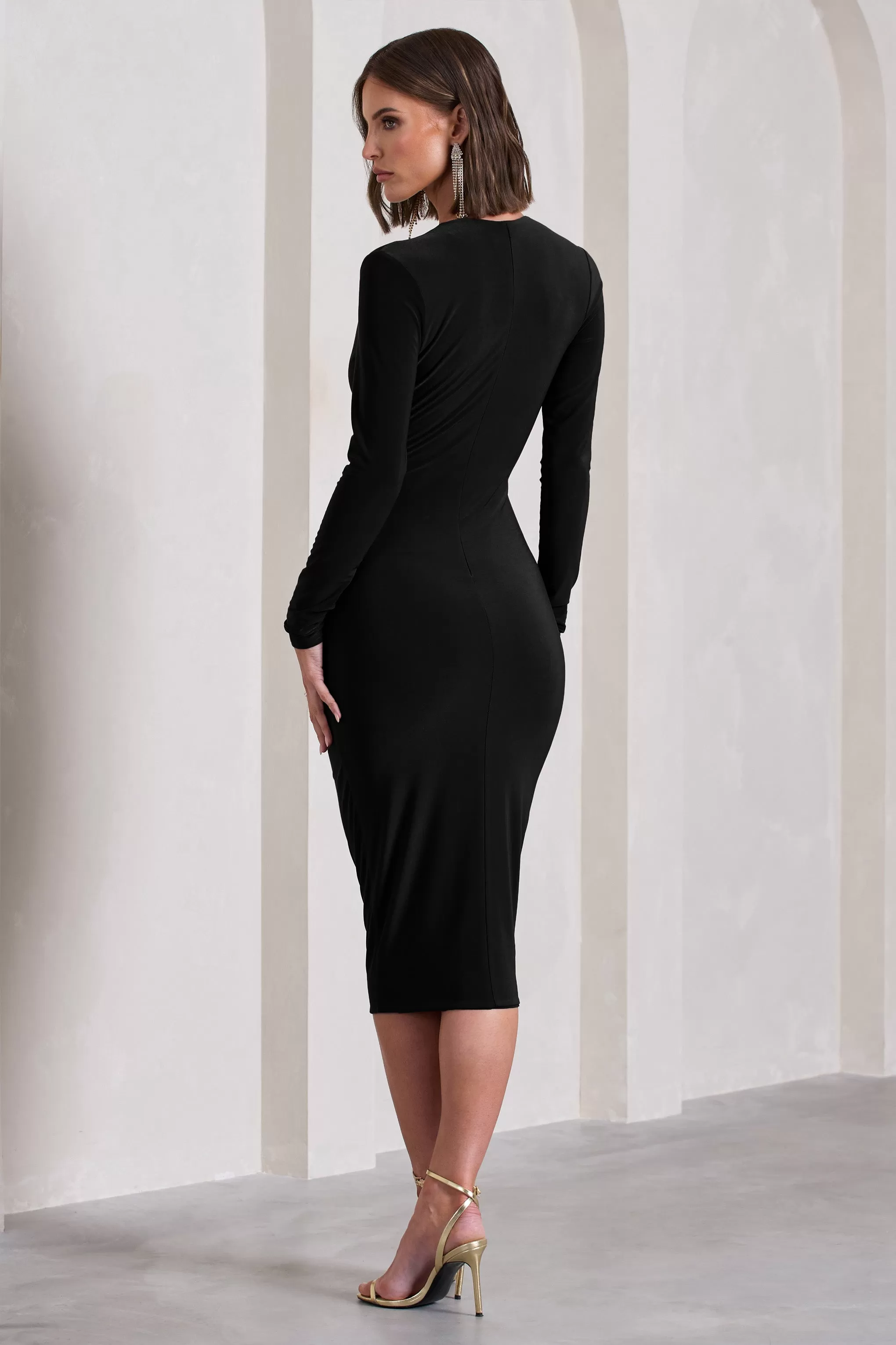 Marcia | Black Bodycon Plunge-Neck Midi Dress