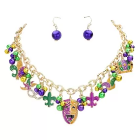 Mardi Gras Enamel Fleur de Lis Mask Hat Pendant Jewelry Set