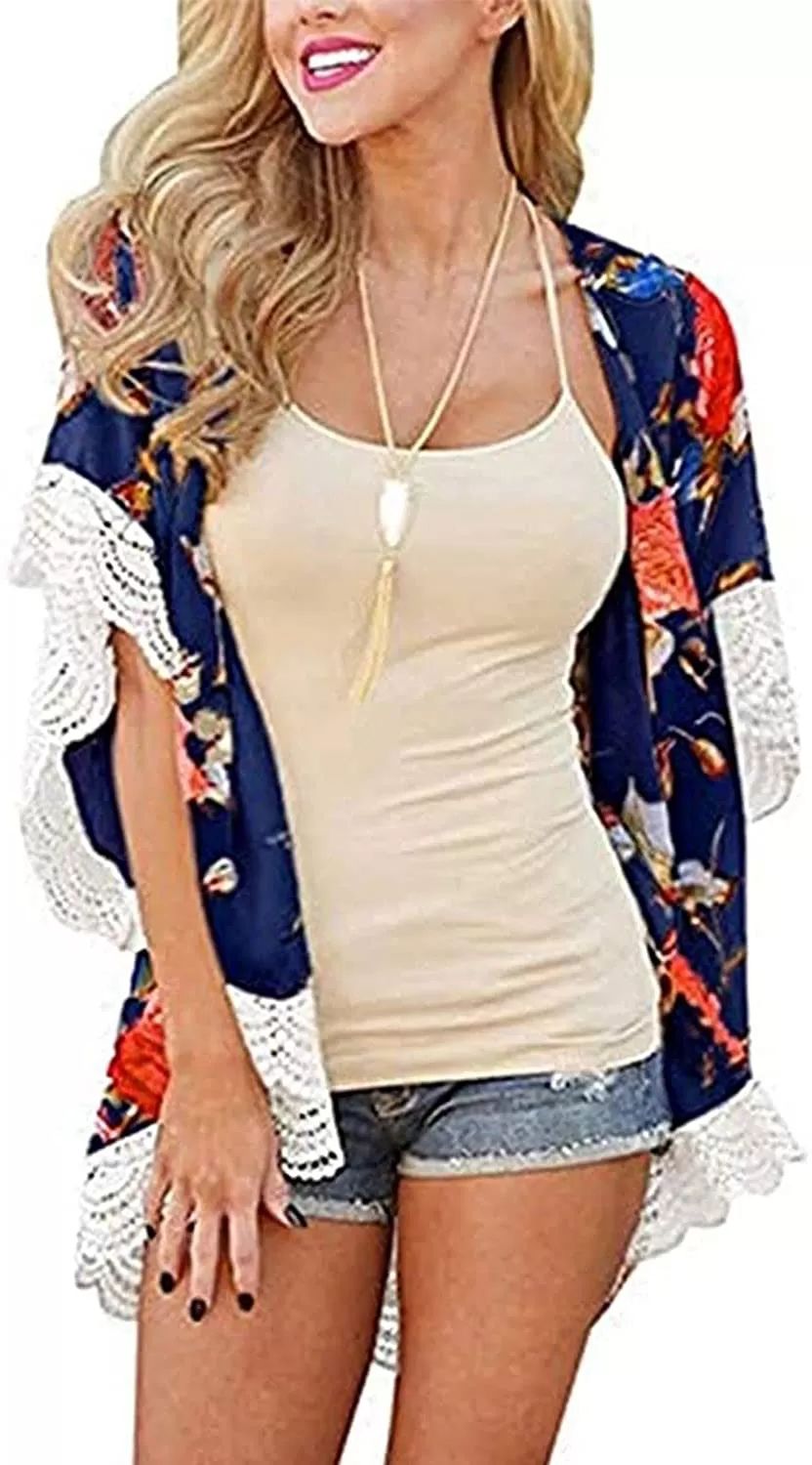 MayBuy Women's Flowy Summer Chiffon Kimono Cardigans Tops Boho Floral Beach Cover Ups Casual Loose Shirts