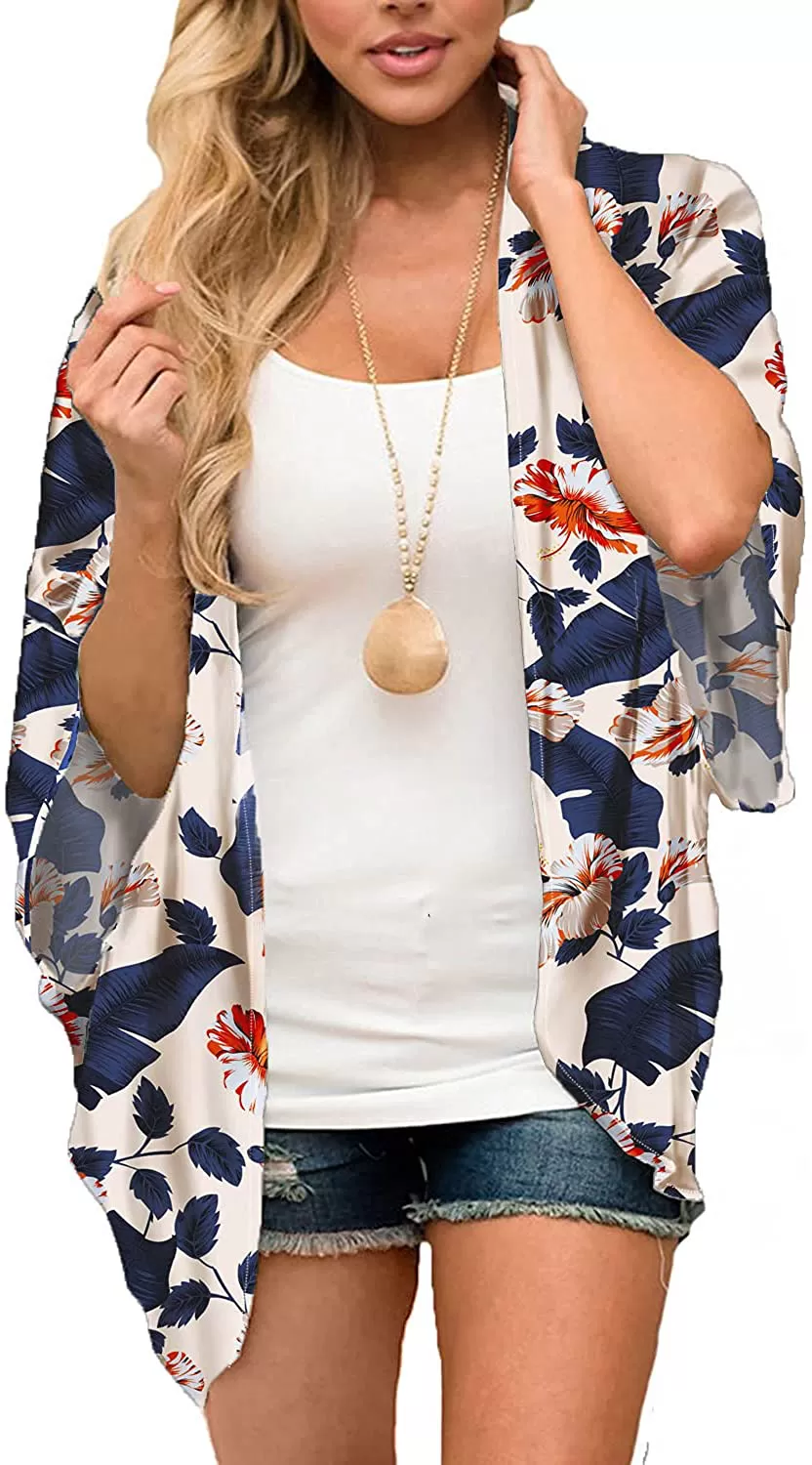 MayBuy Women's Flowy Summer Chiffon Kimono Cardigans Tops Boho Floral Beach Cover Ups Casual Loose Shirts