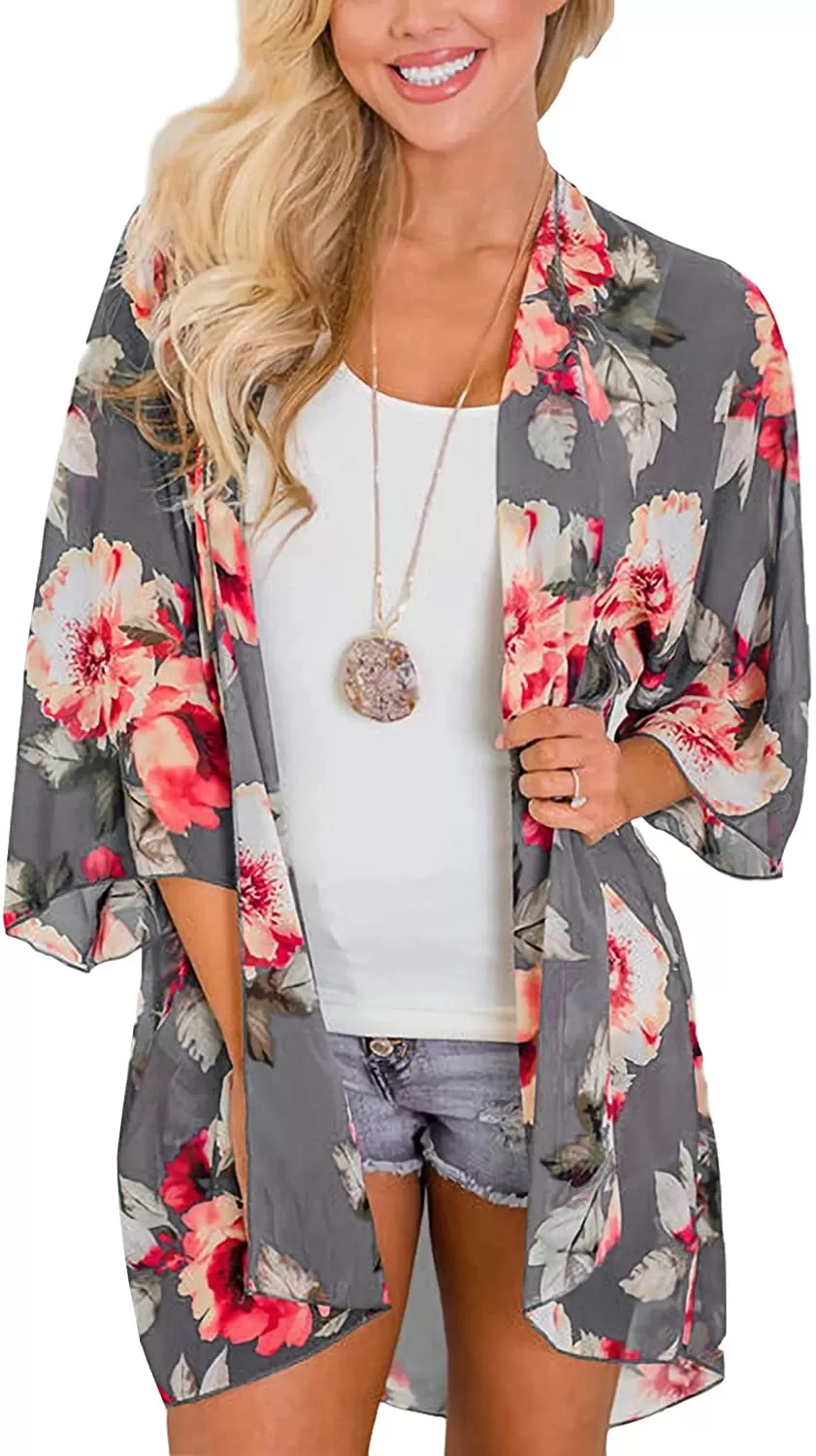 MayBuy Women's Flowy Summer Chiffon Kimono Cardigans Tops Boho Floral Beach Cover Ups Casual Loose Shirts