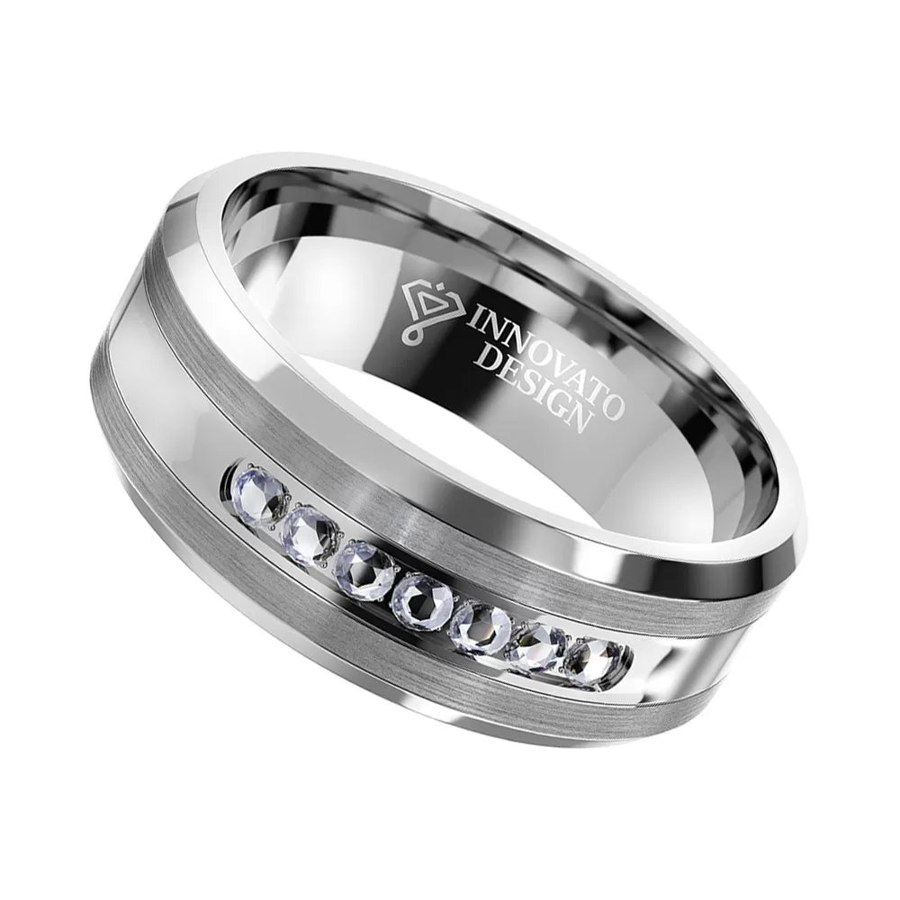 Men Silver 8mm Tungsten Carbide Ring Cubic Zirconia Wedding Jewelry Engagement Promise Band for Him Matte Finish Comfort Fit