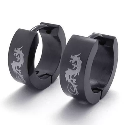 Men Unique Stainless Steel Dragon Huggie Hinged Hoop Earrings Set, 2pcs, Color Black